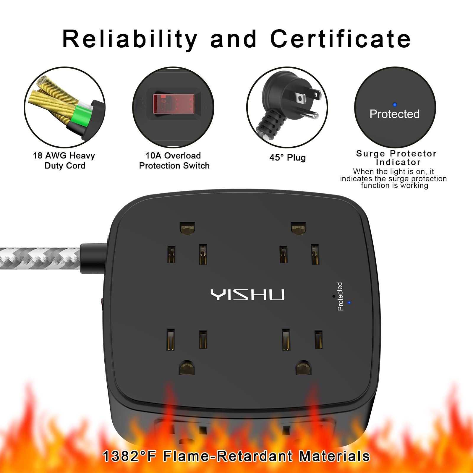 6Ft Surge Protector Power Strip with 8 Widely Outlets & 4 USB Ports | 3 Side Outlet Extender with 6 Feet Extension Cord, Flat Plug, for Home, Office, College Dorm Room Essentials, ETL, White