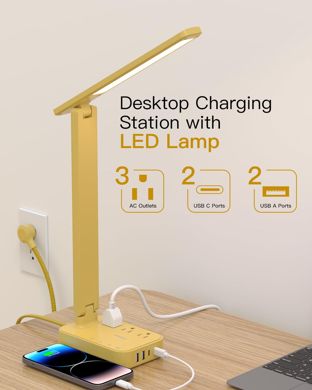 Addtam LED Desk Lamp, Power Strip with 3 Outlets 4 USB Charging Ports(2 USBC), 4 Modes 5 Level Brightness Touch Lamp, Small Desk Lamp for Home Office College Dorm Room Essentials