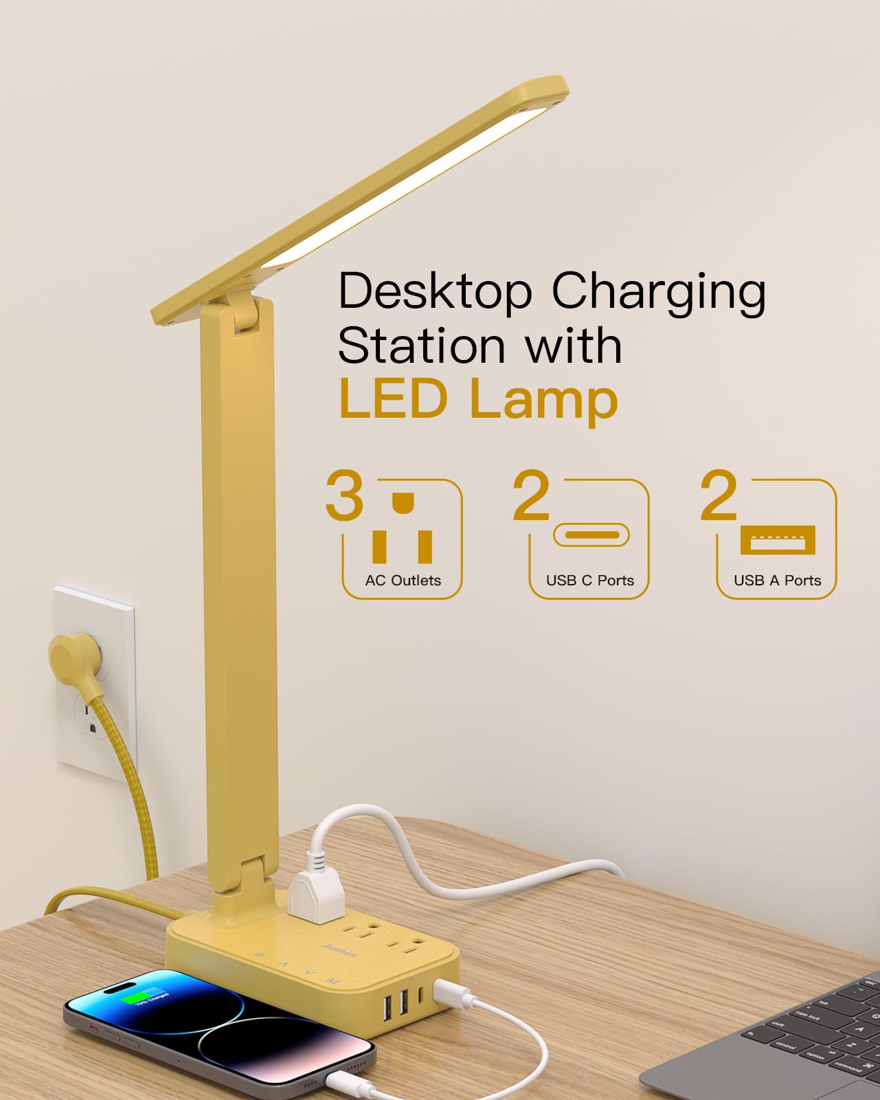 Addtam LED Desk Lamp, Power Strip with 3 Outlets 4 USB Charging Ports(2 USBC), 4 Modes 5 Level Brightness Touch Lamp, Small Desk Lamp for Home Office College Dorm Room Essentials