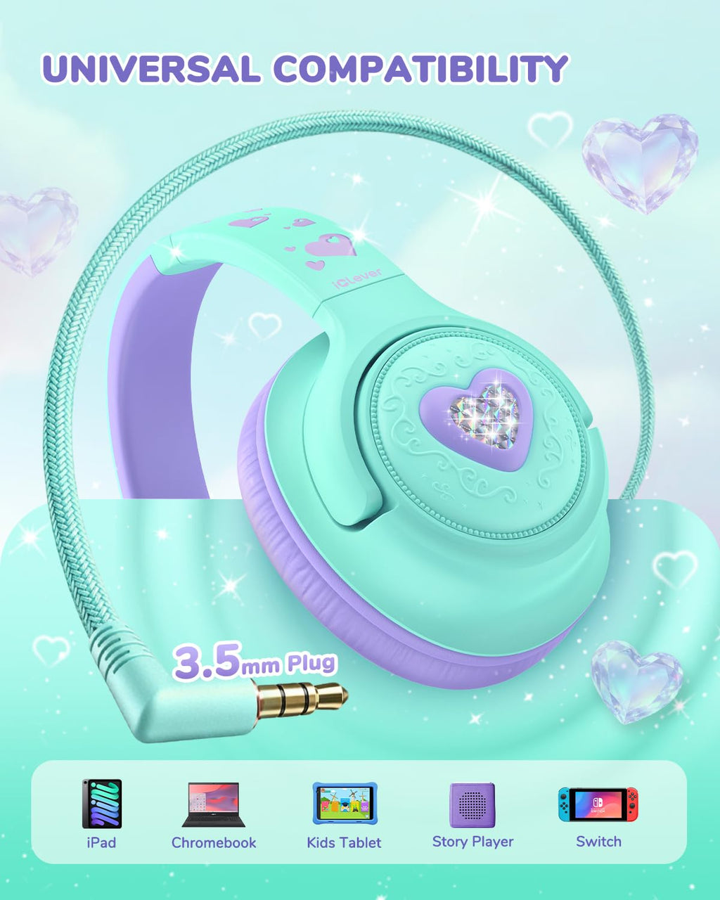 iClever C371 Kids Headphones with Cord for School Boys Girls Travel Gift | SafeSound Tech3.0, Stereo Sound, 3.5mm Jack, Foldable, Durable Headband, Safe Wired Headphones for Kids, Powder Blue