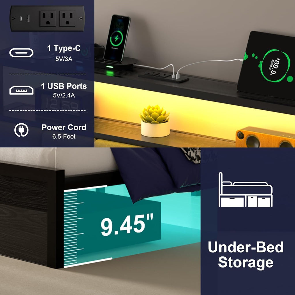 Full Bed Frames with Storage Drawer, Platform Bed with Charging Station and LED Lights, Upholstered Headboard with 2-Tier Storage Shelves, No Box Spring Needed