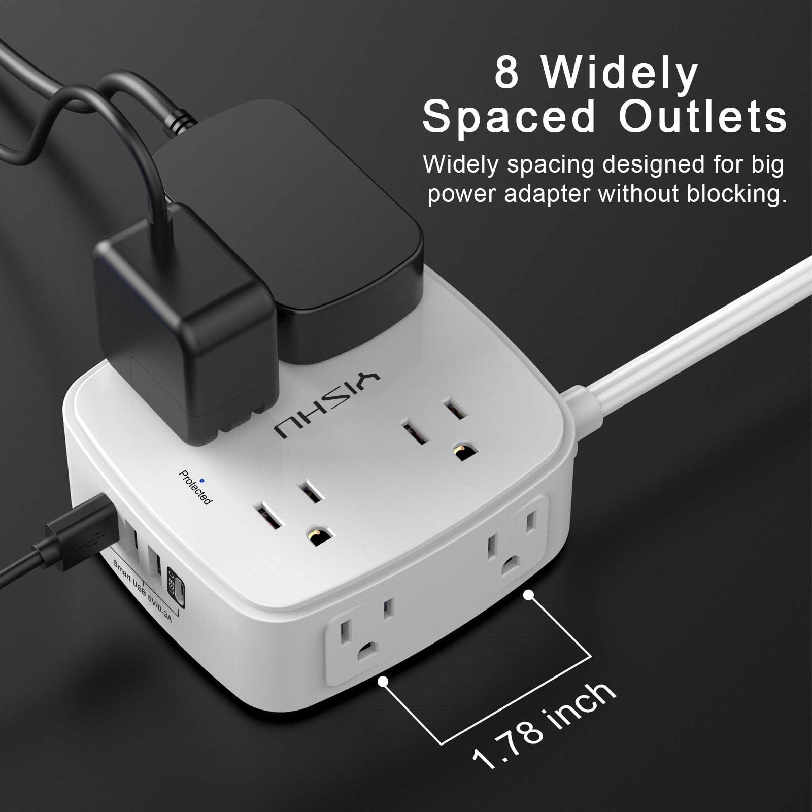 6Ft Surge Protector Power Strip with 8 Widely Outlets & 4 USB Ports | 3 Side Outlet Extender with 6 Feet Extension Cord, Flat Plug, for Home, Office, College Dorm Room Essentials, ETL, White