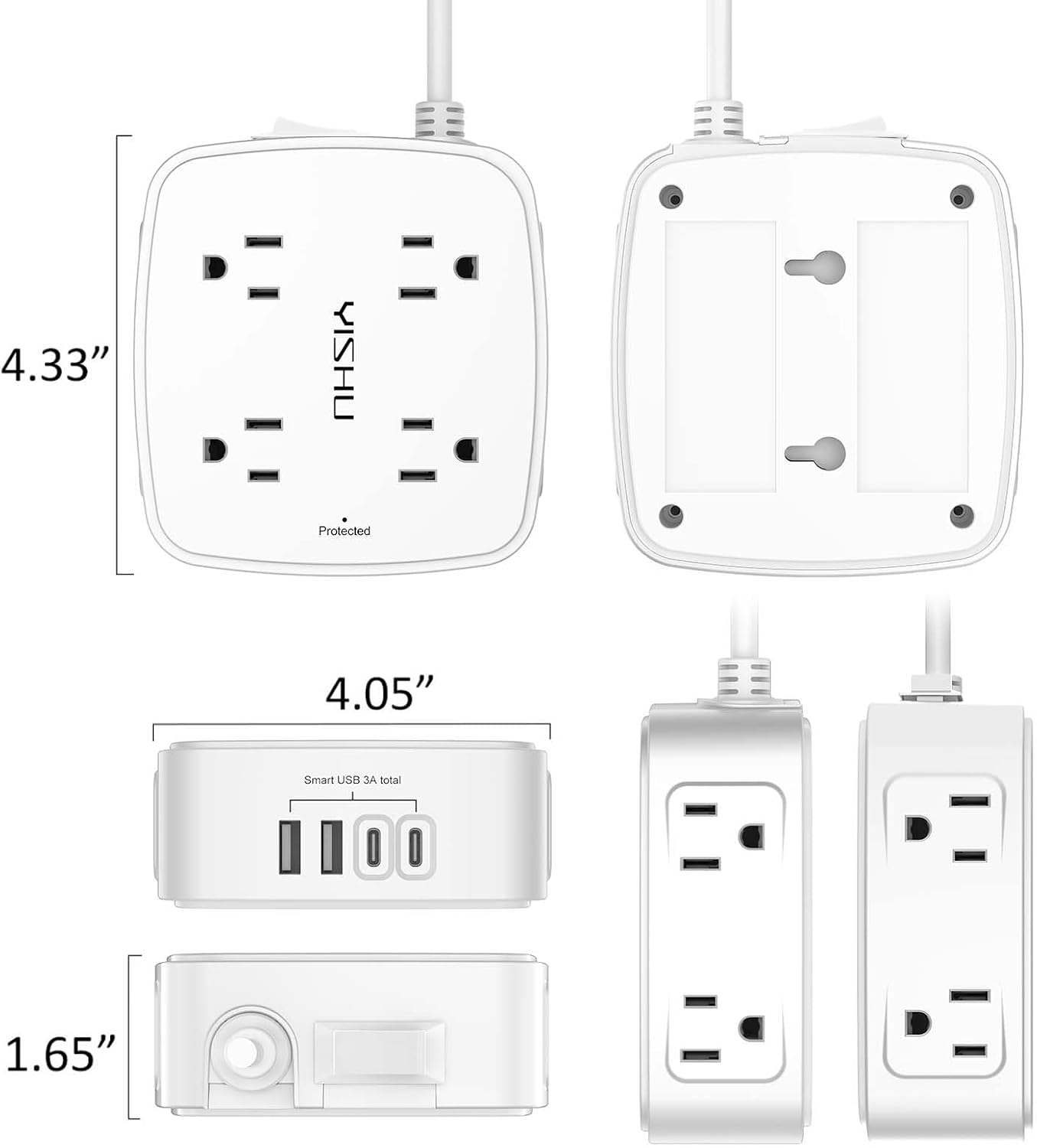6Ft Surge Protector Power Strip with 8 Widely Outlets & 4 USB Ports | 3 Side Outlet Extender with 6 Feet Extension Cord, Flat Plug, for Home, Office, College Dorm Room Essentials, ETL, White