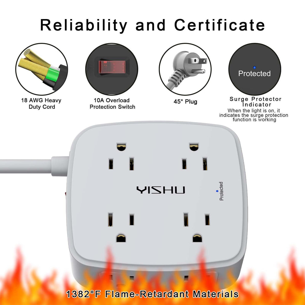 6Ft Surge Protector Power Strip with 8 Widely Outlets & 4 USB Ports | 3 Side Outlet Extender with 6 Feet Extension Cord, Flat Plug, for Home, Office, College Dorm Room Essentials, ETL, White