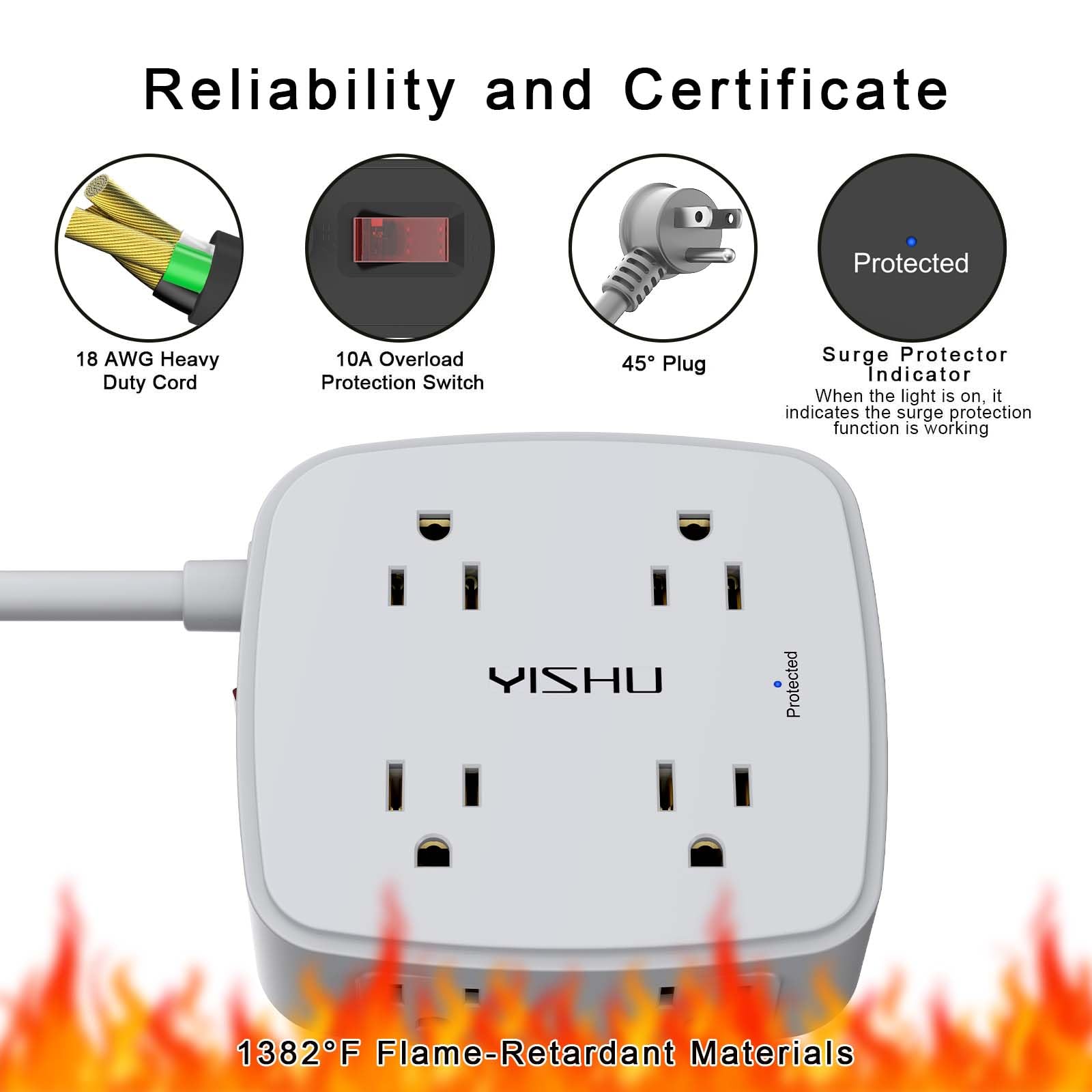 6Ft Surge Protector Power Strip with 8 Widely Outlets & 4 USB Ports | 3 Side Outlet Extender with 6 Feet Extension Cord, Flat Plug, for Home, Office, College Dorm Room Essentials, ETL, White
