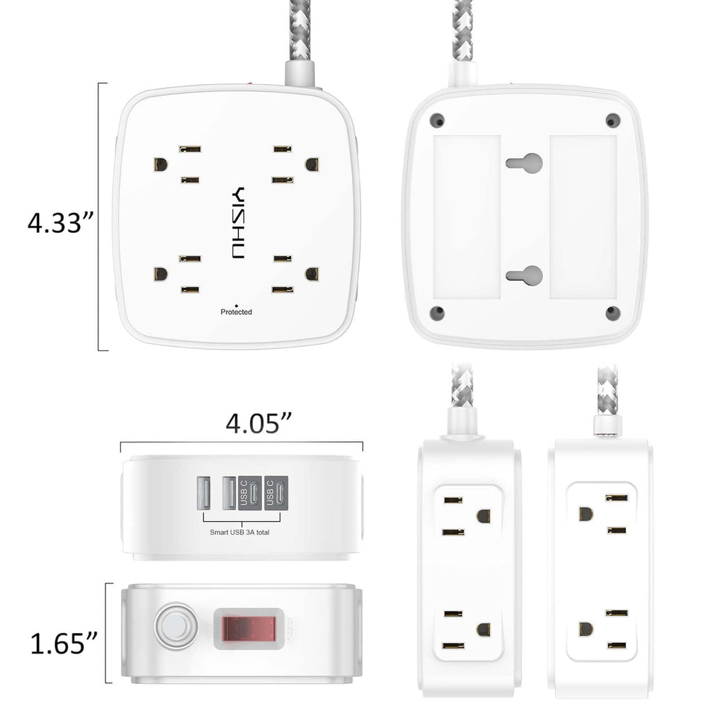 6Ft Surge Protector Power Strip with 8 Widely Outlets & 4 USB Ports | 3 Side Outlet Extender with 6 Feet Extension Cord, Flat Plug, for Home, Office, College Dorm Room Essentials, ETL, White