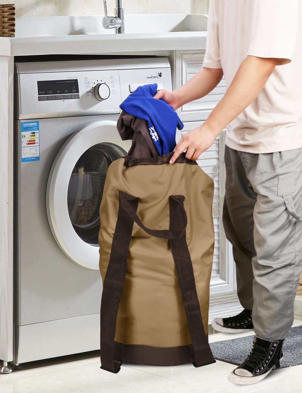 Backpack Laundry Bag, 115L Large Hamper with Shoulder Straps, Drawstring Closure, Mesh Pocket, Khaki