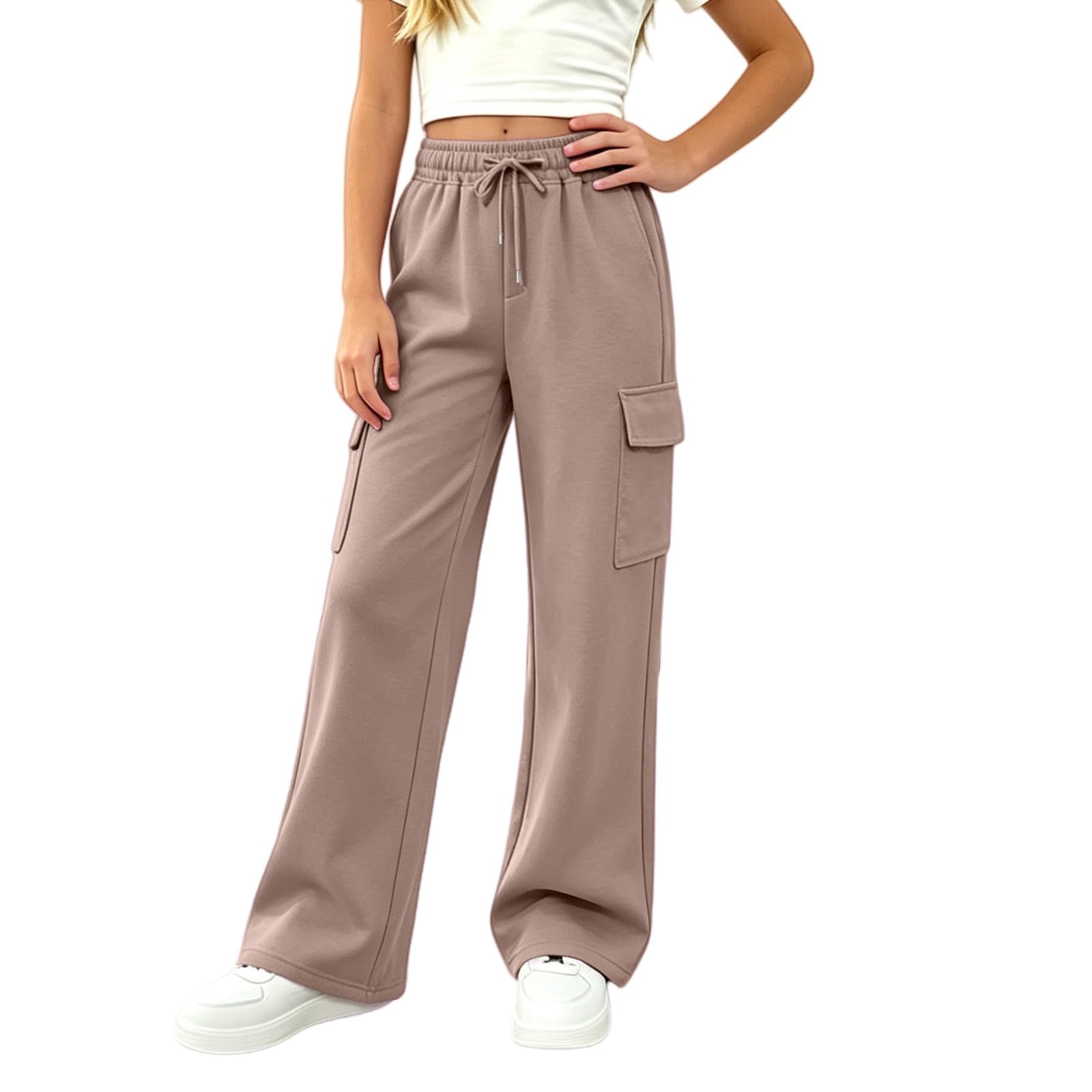 Girls Sweatpants Preppy Kids Cargo Pants Wide Leg Baggy Sweat Pants Teen Joggers Casual Trousers with Pockets
