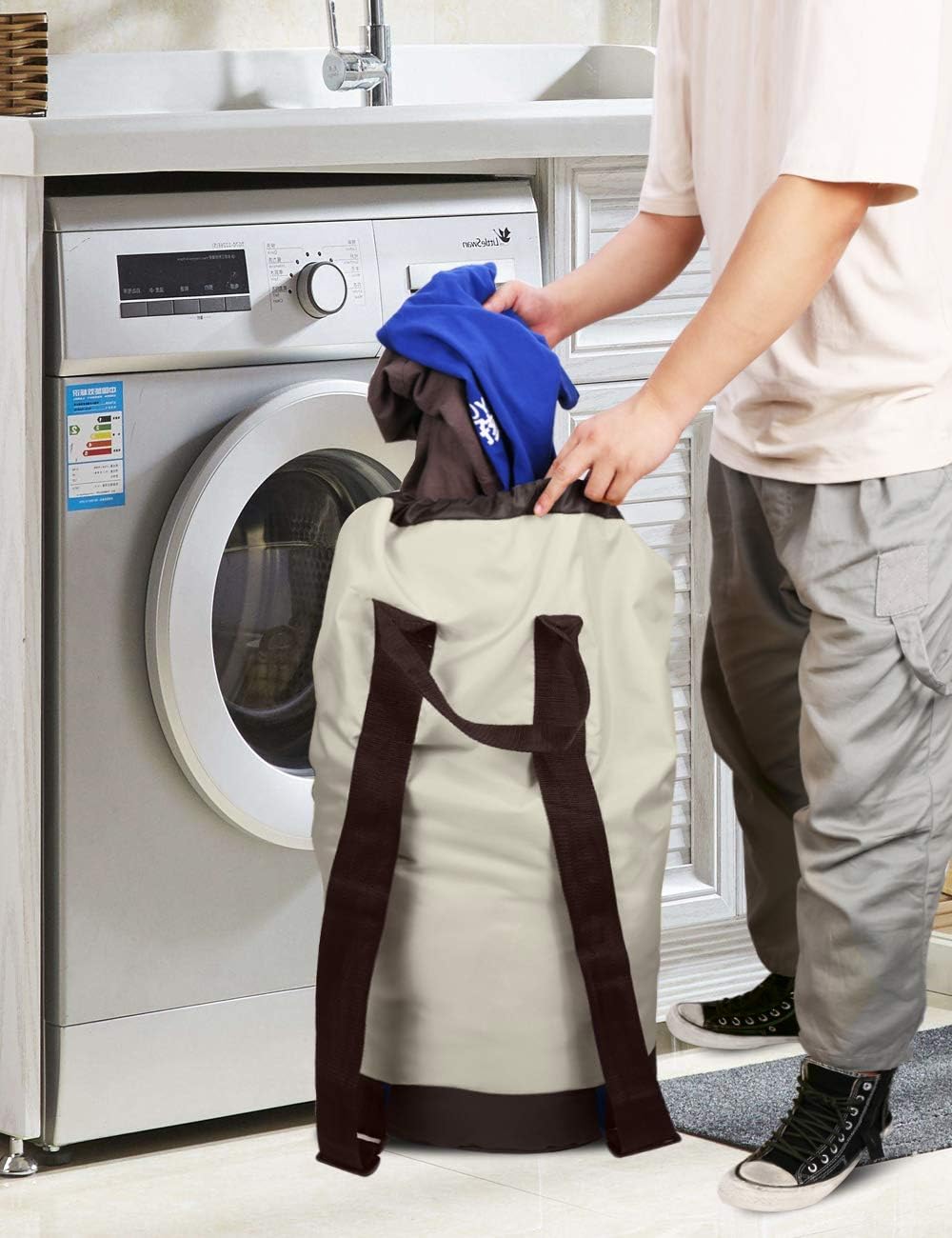 Backpack Laundry Bag, 115L Large Hamper with Shoulder Straps, Drawstring Closure, Mesh Pocket, Khaki