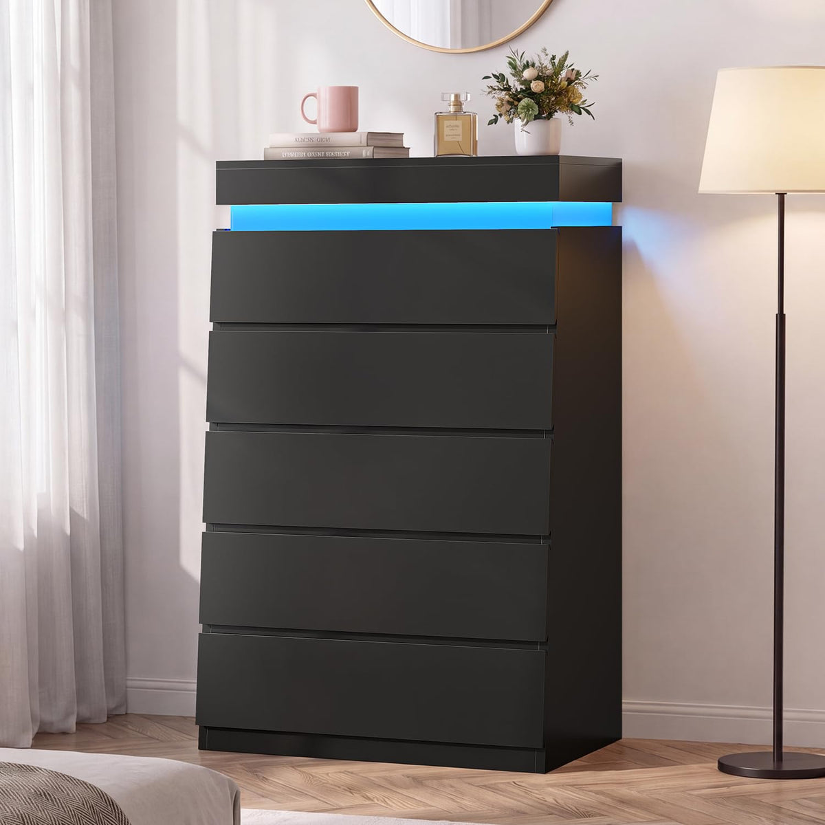 HAUOMS Tall White 5 Drawer Dresser with LED Light | Modern Chest of Drawers for Bedroom,Closet Dressers with Drawers for Living Room, Entryway, Hallway