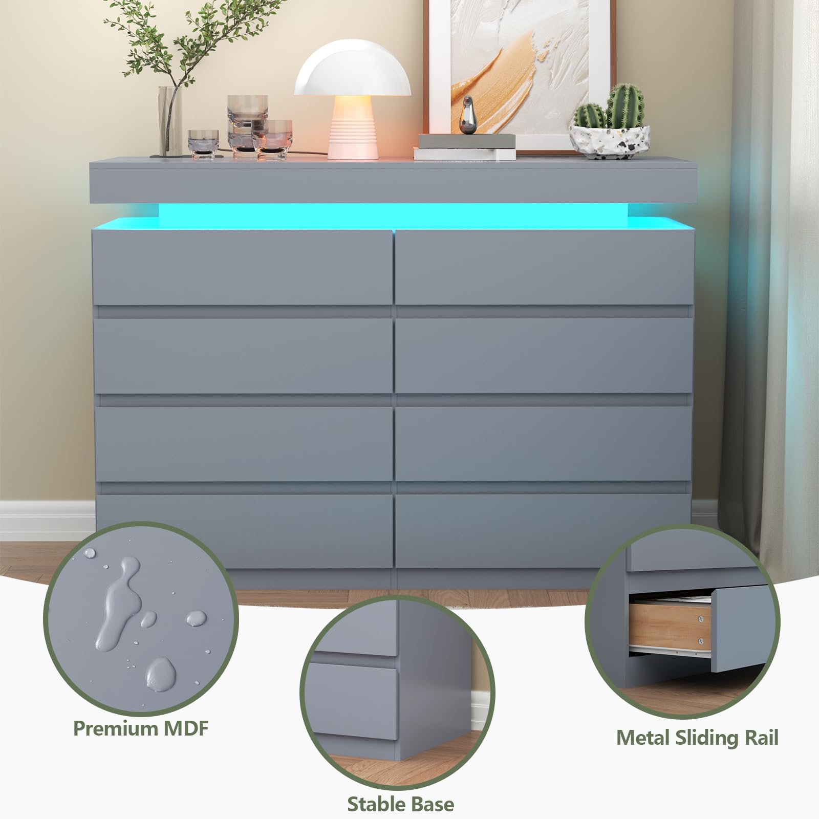 Gyfimoie 6 Drawer Dresser with Power Outlet, Dresser with LED Light | Modern Chest of Drawers for Closet, Wide Drawer Organizer Cabinet for Bedroom,Living Room