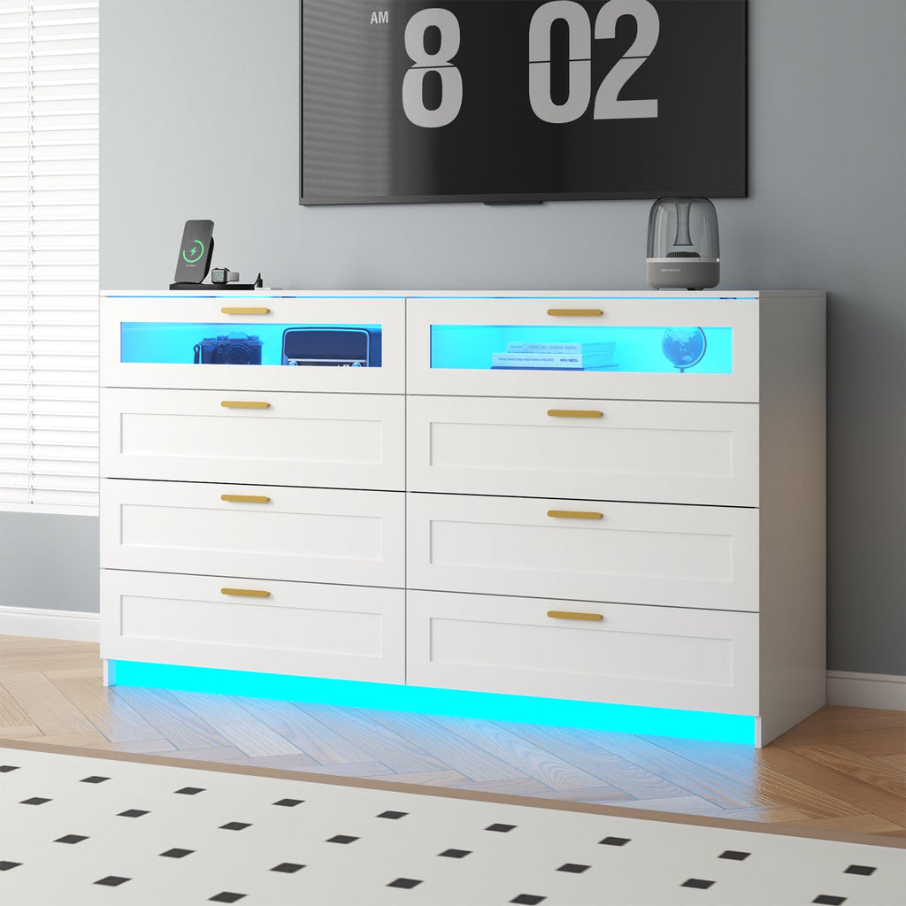 8 Drawers Dresser with Charging Station, Dresser for Bedroom with LED Light | Modern Chest of Drawers for Closet, Double Wide Dressers Organizer for Bedroom, Living Room, Entryway