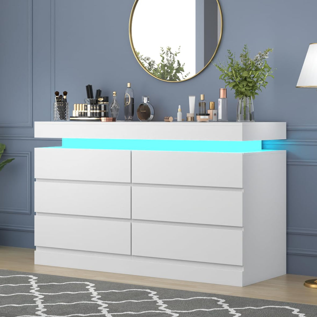 Gyfimoie 6 Drawer Dresser with Power Outlet, Dresser with LED Light | Modern Chest of Drawers for Closet, Wide Drawer Organizer Cabinet for Bedroom,Living Room