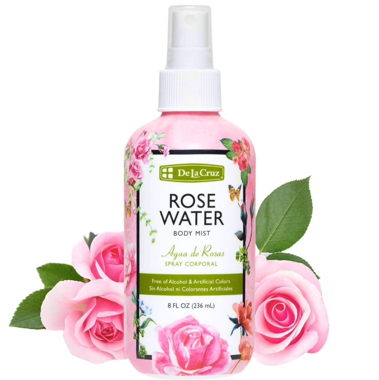 De La Cruz Rose Water Body & Hair Mist, 8 fl. oz Spray (236 mL) | Rose Water Spray, With Rose Flower Extract, Hair & Body Mist, Home Mist, Alcohol Free, Refreshing & Soothing