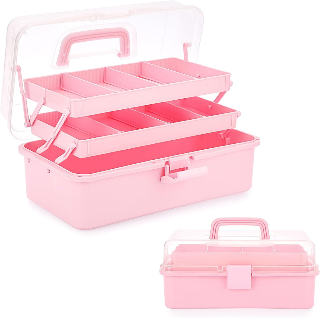 BTSKY 3-Layer Plastic Dividing Storage Box Craft Organizer and Storage | Portable Handled Art Supply Organizer with Adjustable Spacers Multipurpose Home Utility Box for Medicine, Sewing(Pink)