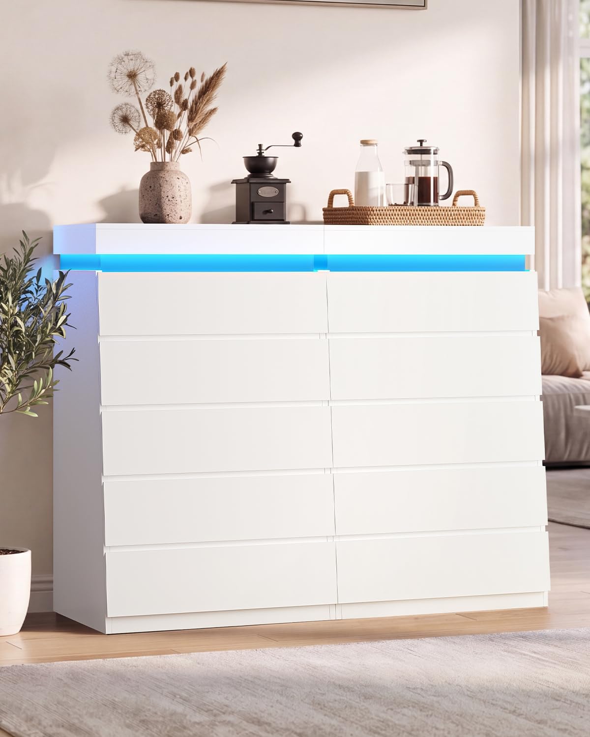 HAUOMS Tall White 5 Drawer Dresser with LED Light | Modern Chest of Drawers for Bedroom,Closet Dressers with Drawers for Living Room, Entryway, Hallway