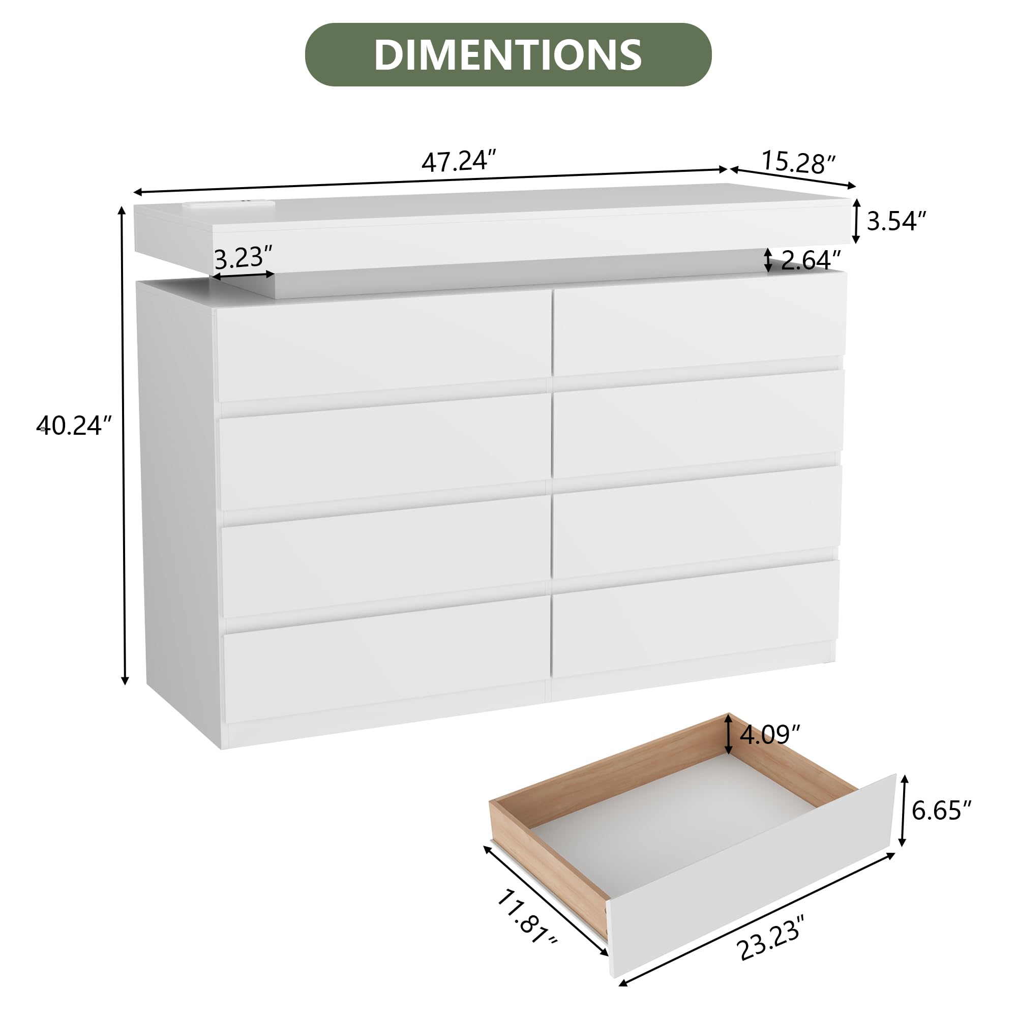 Gyfimoie 6 Drawer Dresser with Power Outlet, Dresser with LED Light | Modern Chest of Drawers for Closet, Wide Drawer Organizer Cabinet for Bedroom,Living Room