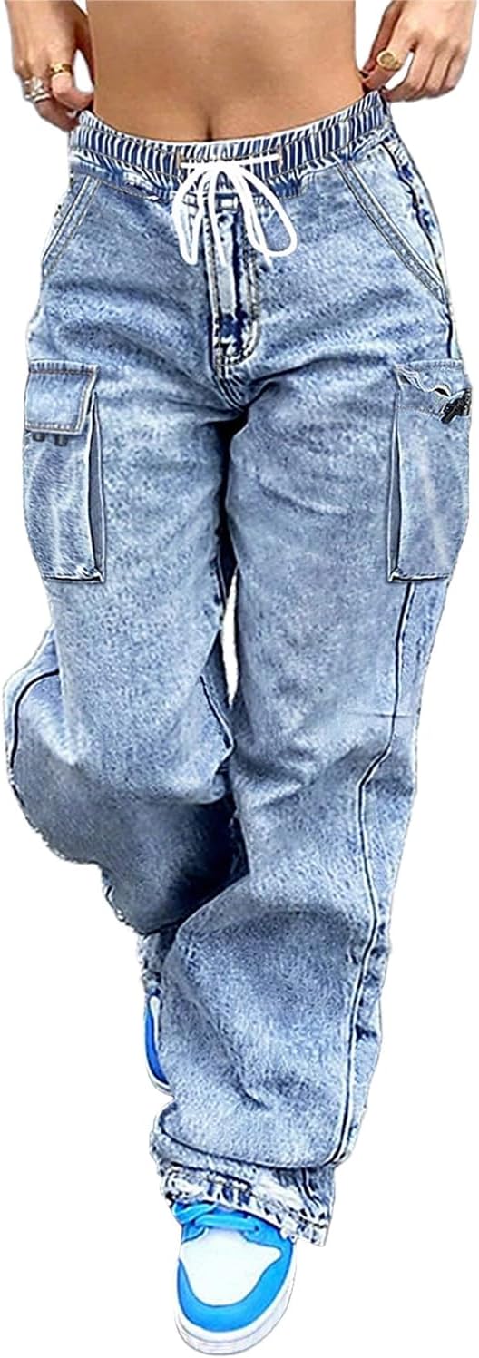 Cargo Jeans for Women Baggy Stretchy Wide Leg Denim Pants High Waisted y2k | Elastic Waist,Streetwear,Side Pockets,Cute,Trendy,Curvy,Mid Rise,Chic,Tall,Tie,Boyfriend,Loose,Casual,Fashion,Oversized