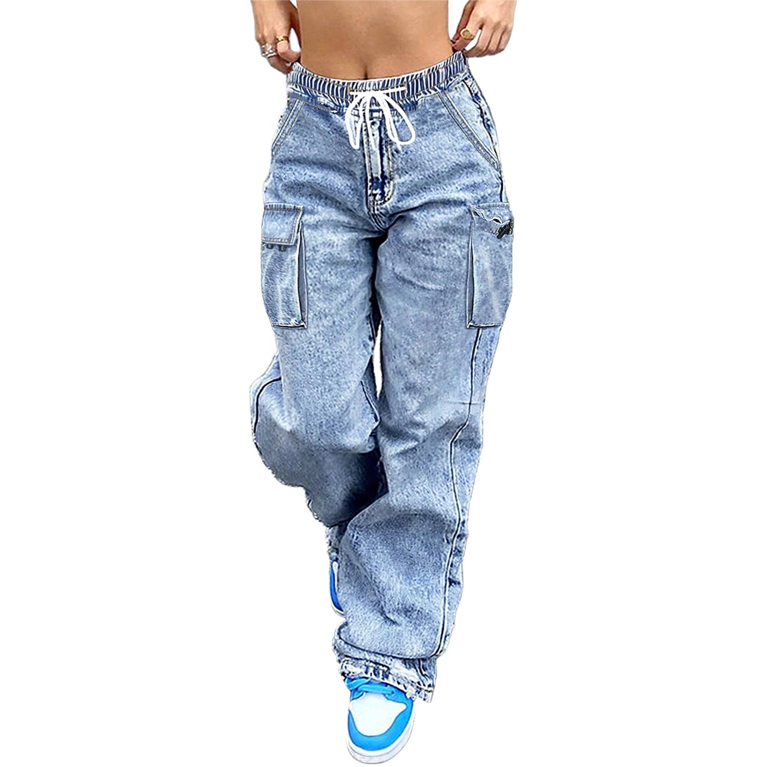 Cargo Jeans for Women Baggy Stretchy Wide Leg Denim Pants High Waisted y2k | Elastic Waist,Streetwear,Side Pockets,Cute,Trendy,Curvy,Mid Rise,Chic,Tall,Tie,Boyfriend,Loose,Casual,Fashion,Oversized