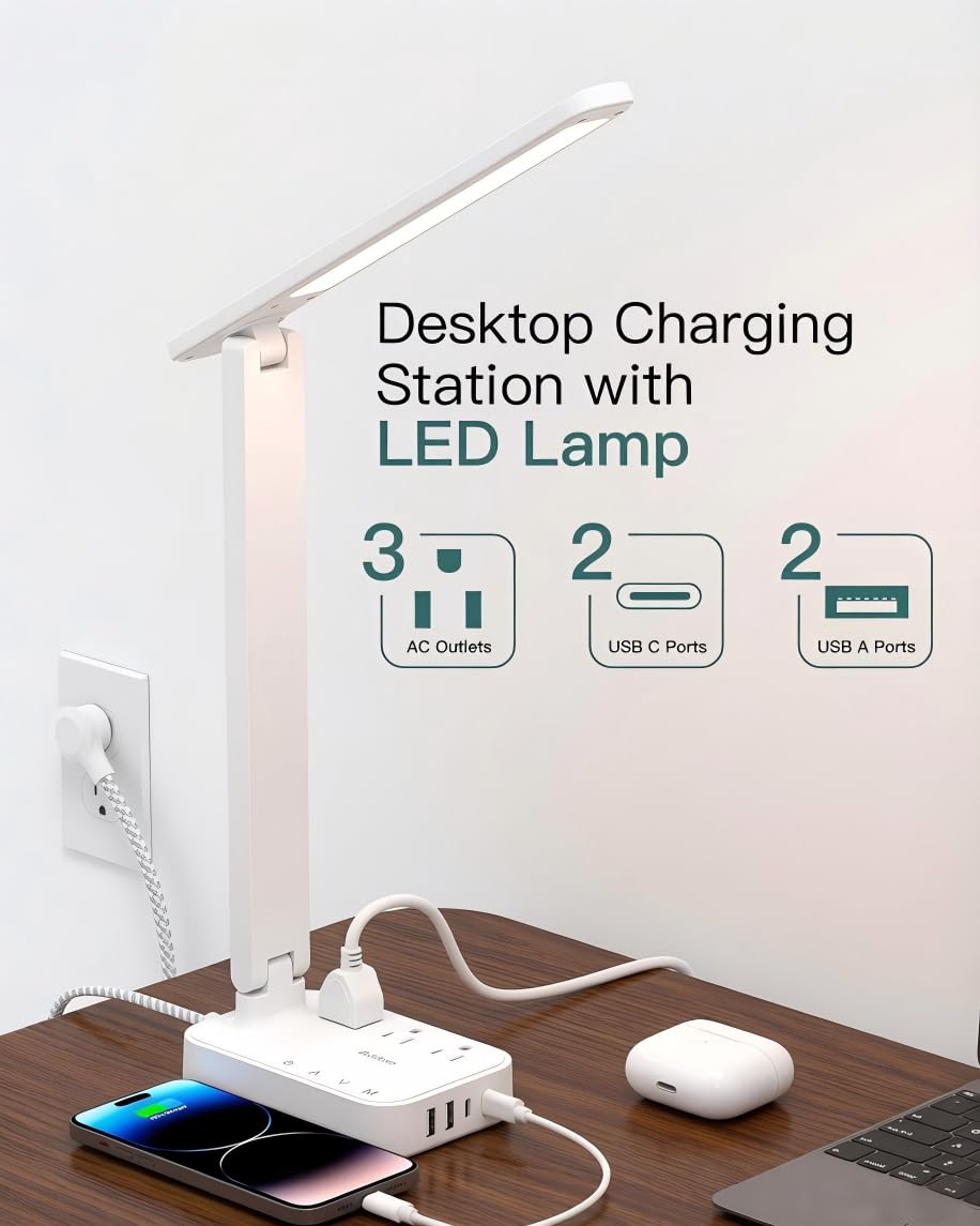 Addtam LED Desk Lamp, Power Strip with 3 Outlets 4 USB Charging Ports(2 USBC), 4 Modes 5 Level Brightness Touch Lamp, Small Desk Lamp for Home Office College Dorm Room Essentials