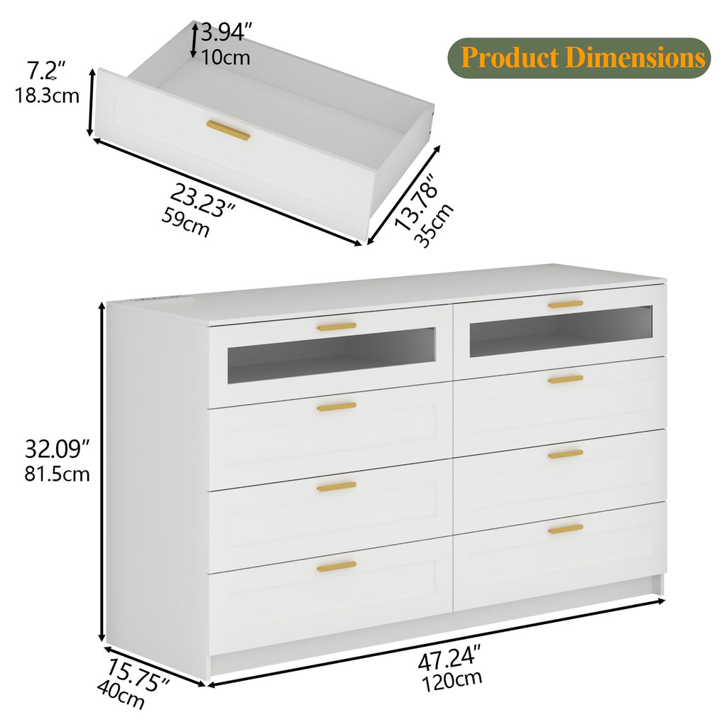 8 Drawers Dresser with Charging Station, Dresser for Bedroom with LED Light | Modern Chest of Drawers for Closet, Double Wide Dressers Organizer for Bedroom, Living Room, Entryway