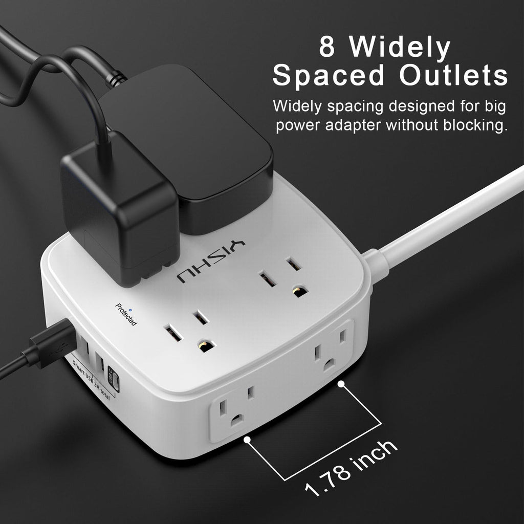 6Ft Surge Protector Power Strip with 8 Widely Outlets & 4 USB Ports | 3 Side Outlet Extender with 6 Feet Extension Cord, Flat Plug, for Home, Office, College Dorm Room Essentials, ETL, White