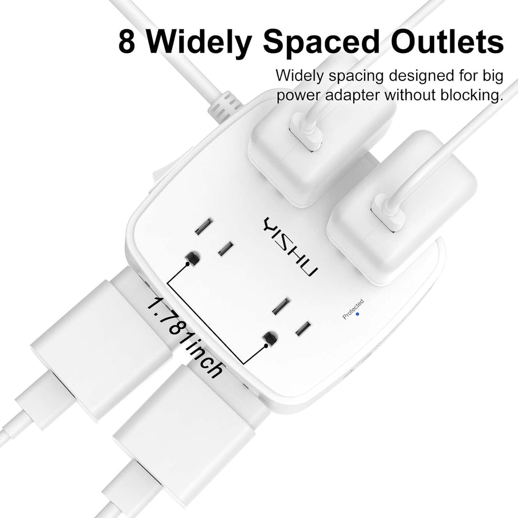 6Ft Surge Protector Power Strip with 8 Widely Outlets & 4 USB Ports | 3 Side Outlet Extender with 6 Feet Extension Cord, Flat Plug, for Home, Office, College Dorm Room Essentials, ETL, White
