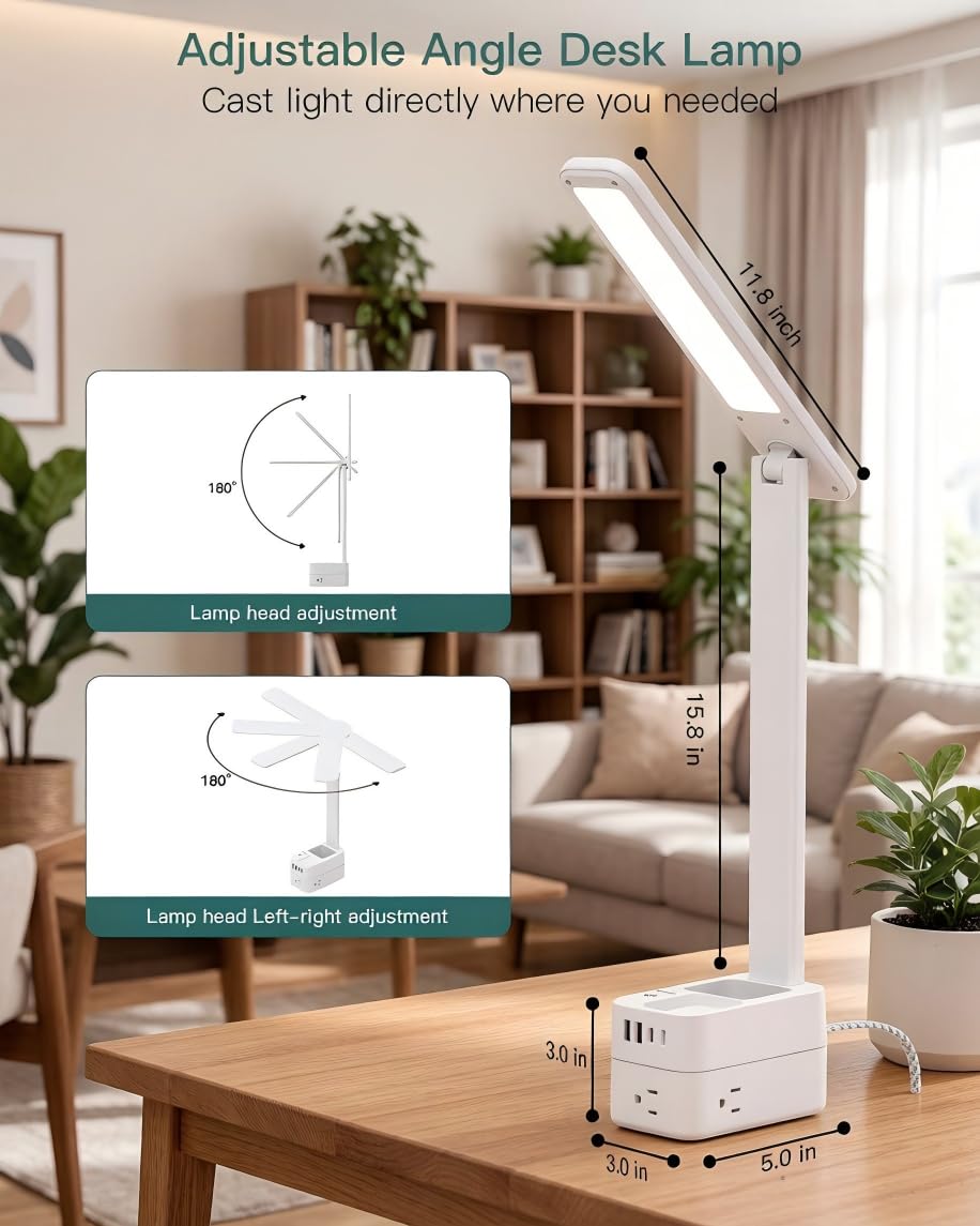 Addtam LED Desk Lamp, Power Strip with 3 Outlets 4 USB Charging Ports(2 USBC), 4 Modes 5 Level Brightness Touch Lamp, Small Desk Lamp for Home Office College Dorm Room Essentials