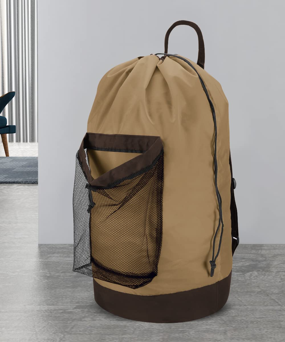 Backpack Laundry Bag, 115L Large Hamper with Shoulder Straps, Drawstring Closure, Mesh Pocket, Khaki