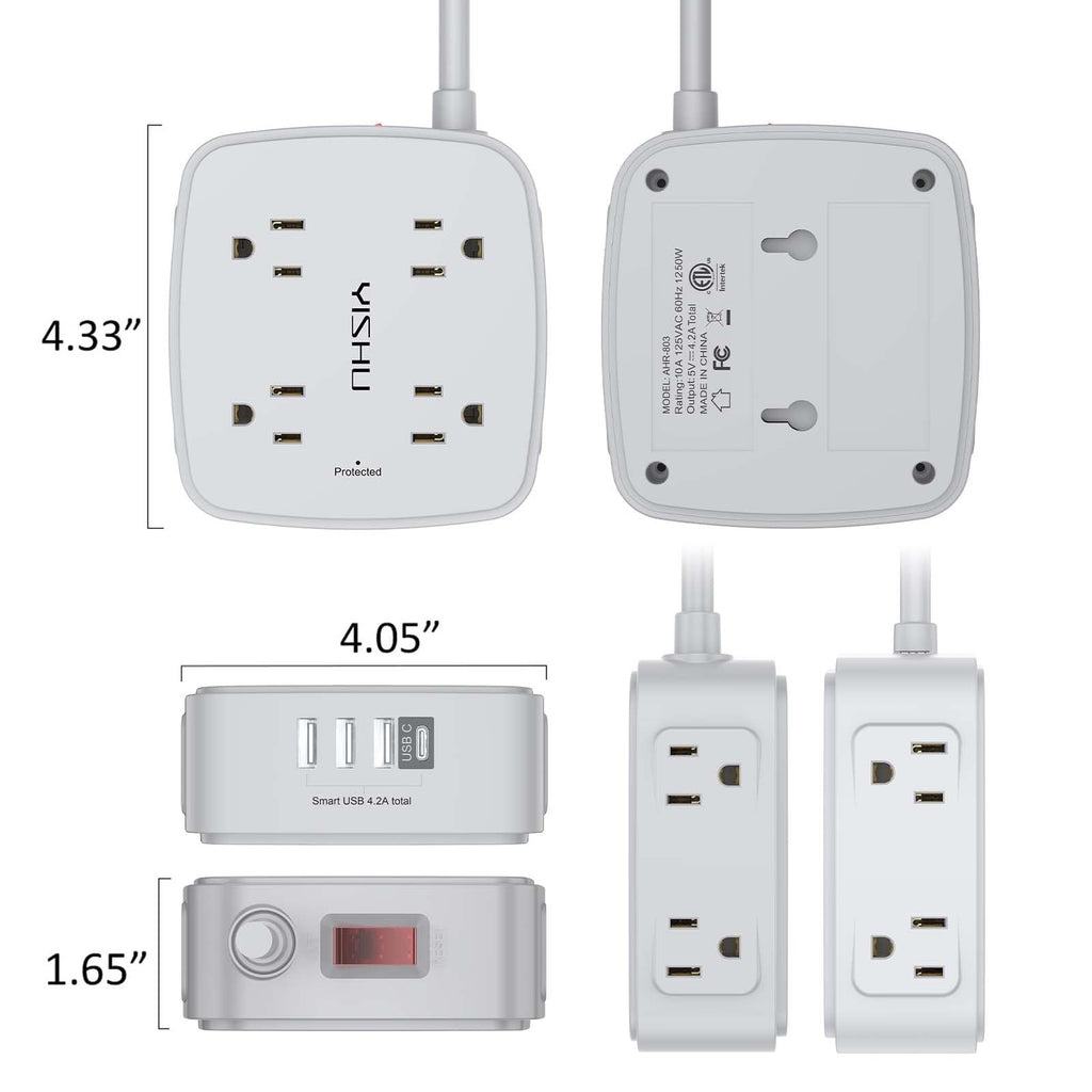 6Ft Surge Protector Power Strip with 8 Widely Outlets & 4 USB Ports | 3 Side Outlet Extender with 6 Feet Extension Cord, Flat Plug, for Home, Office, College Dorm Room Essentials, ETL, White
