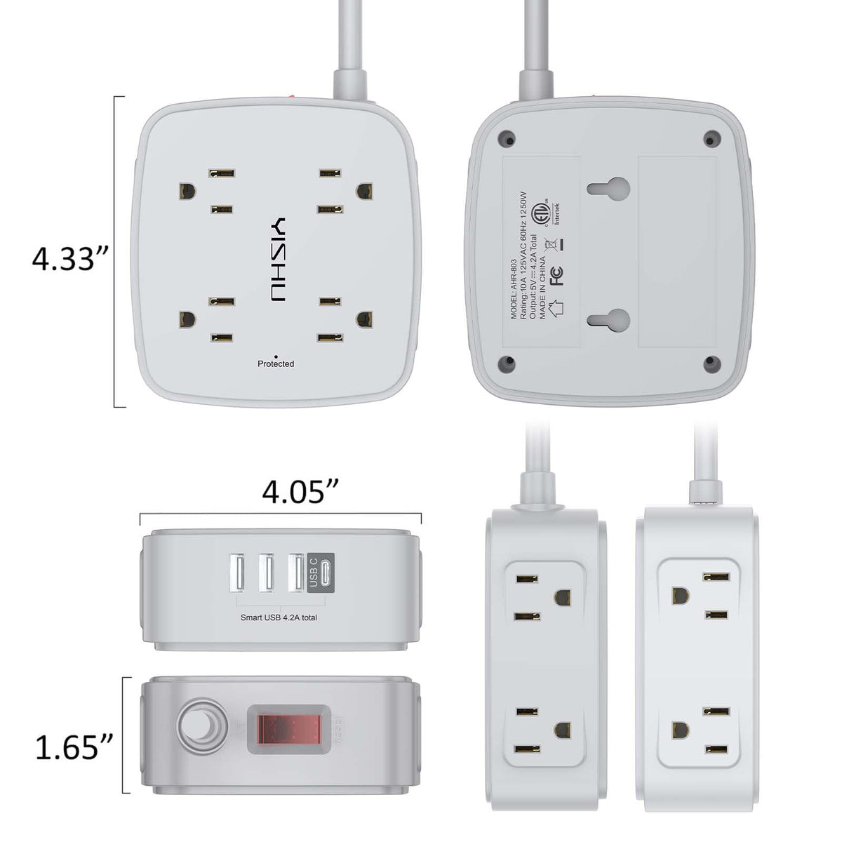 6Ft Surge Protector Power Strip with 8 Widely Outlets & 4 USB Ports | 3 Side Outlet Extender with 6 Feet Extension Cord, Flat Plug, for Home, Office, College Dorm Room Essentials, ETL, White