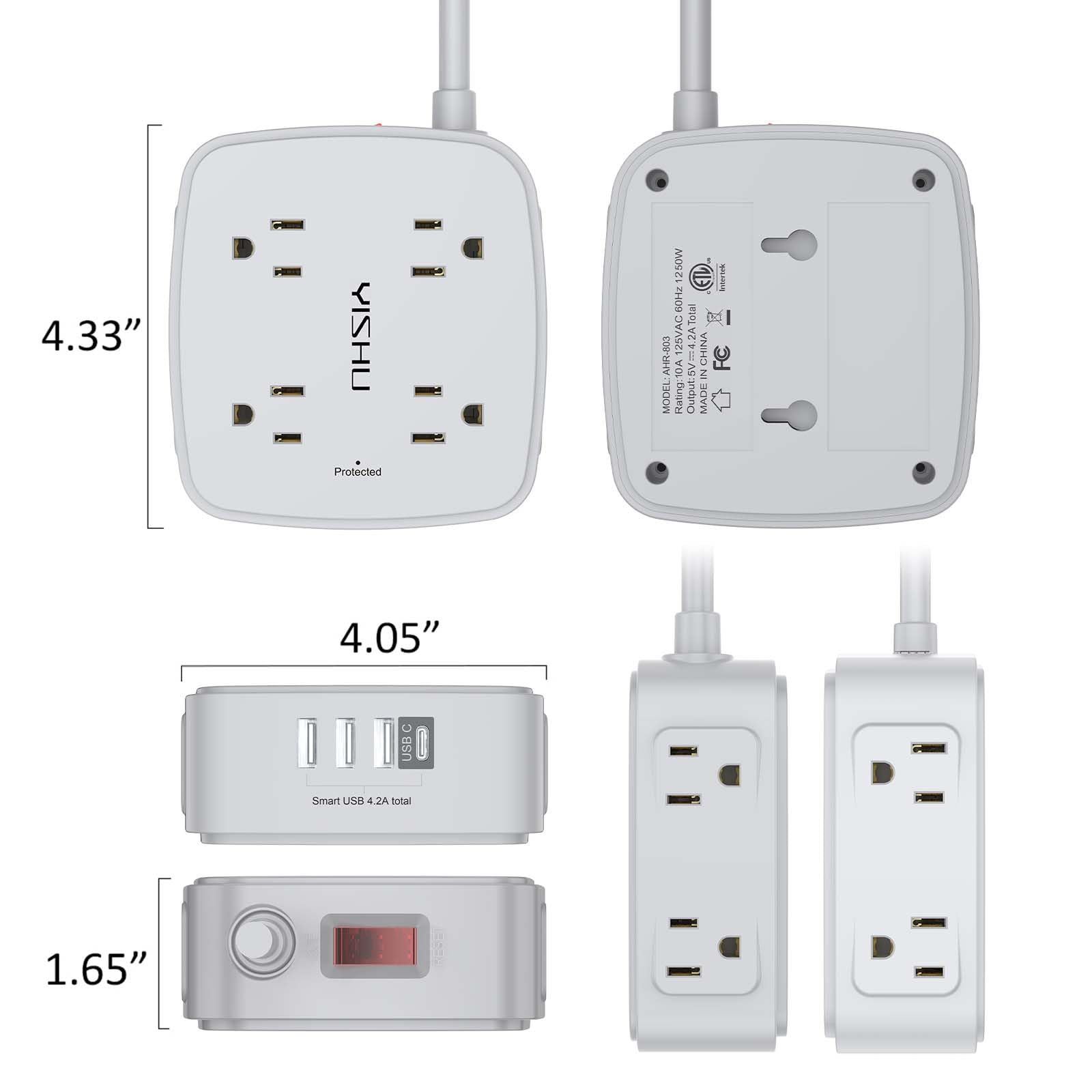 6Ft Surge Protector Power Strip with 8 Widely Outlets & 4 USB Ports | 3 Side Outlet Extender with 6 Feet Extension Cord, Flat Plug, for Home, Office, College Dorm Room Essentials, ETL, White