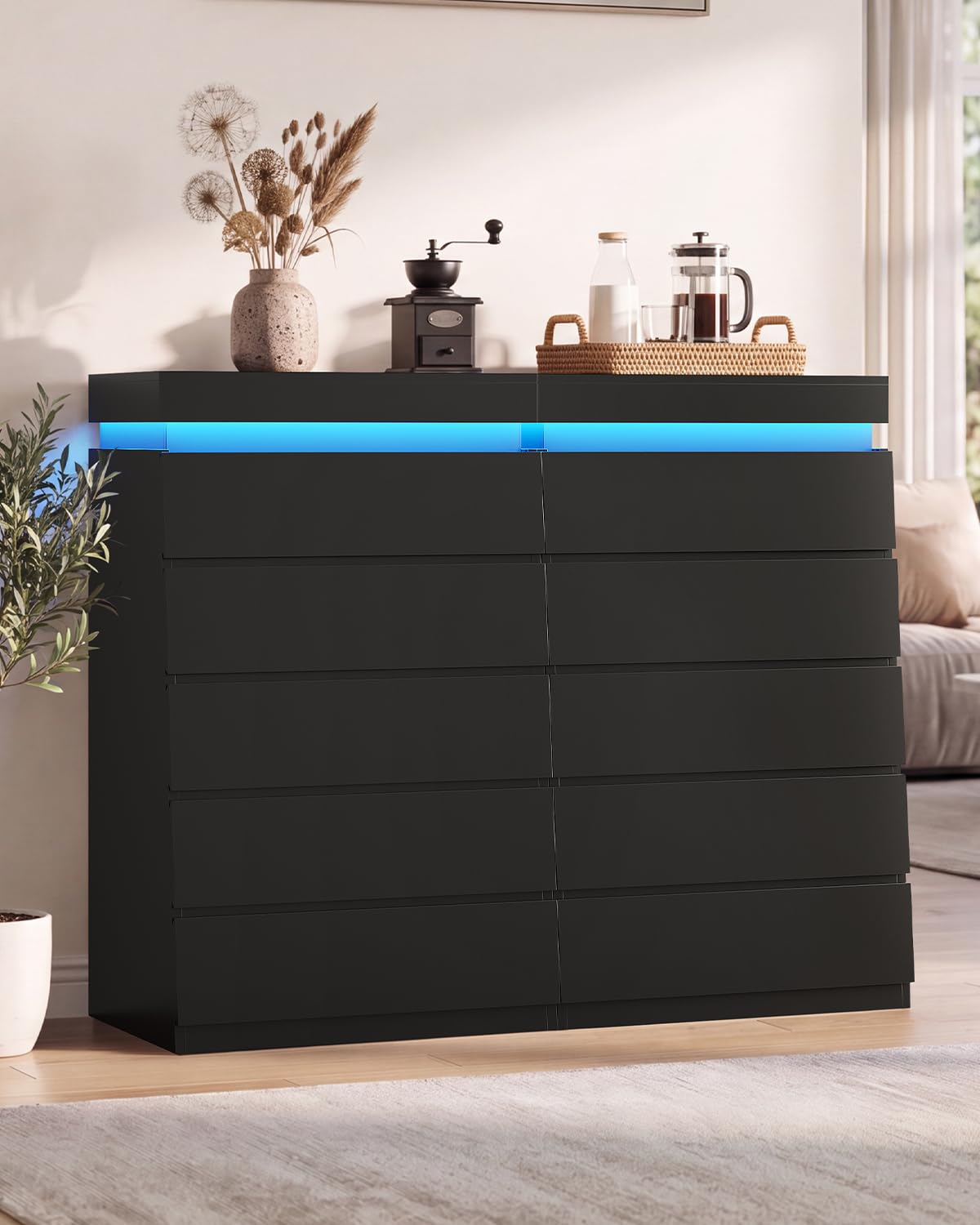 HAUOMS Tall White 5 Drawer Dresser with LED Light | Modern Chest of Drawers for Bedroom,Closet Dressers with Drawers for Living Room, Entryway, Hallway