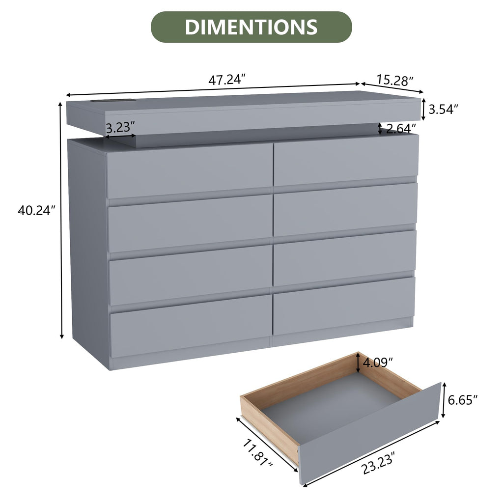 Gyfimoie 6 Drawer Dresser with Power Outlet, Dresser with LED Light | Modern Chest of Drawers for Closet, Wide Drawer Organizer Cabinet for Bedroom,Living Room