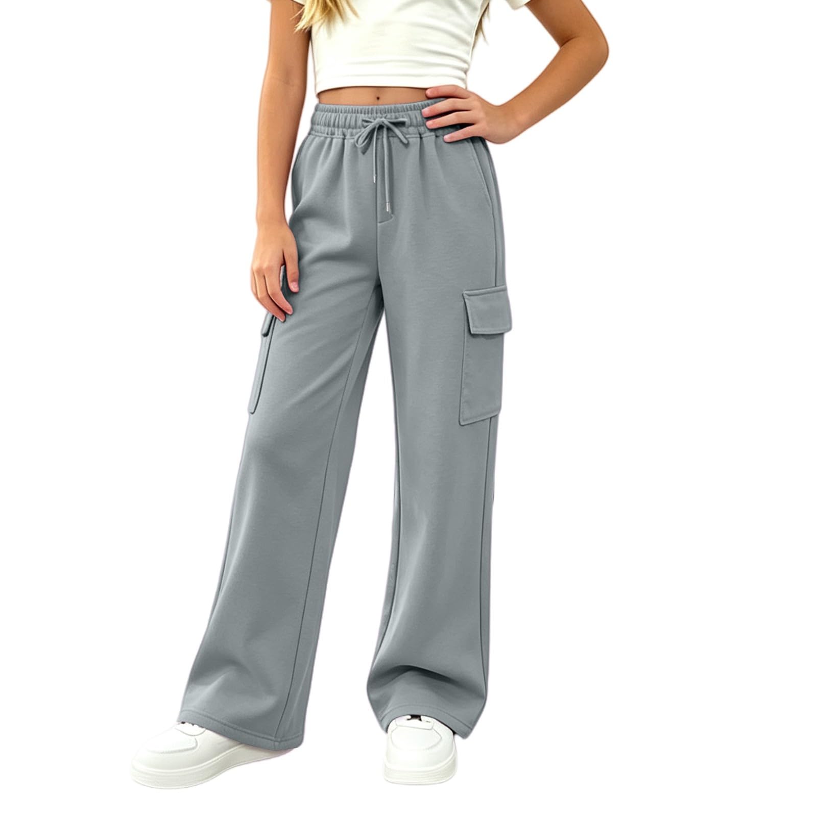 Girls Sweatpants Preppy Kids Cargo Pants Wide Leg Baggy Sweat Pants Teen Joggers Casual Trousers with Pockets