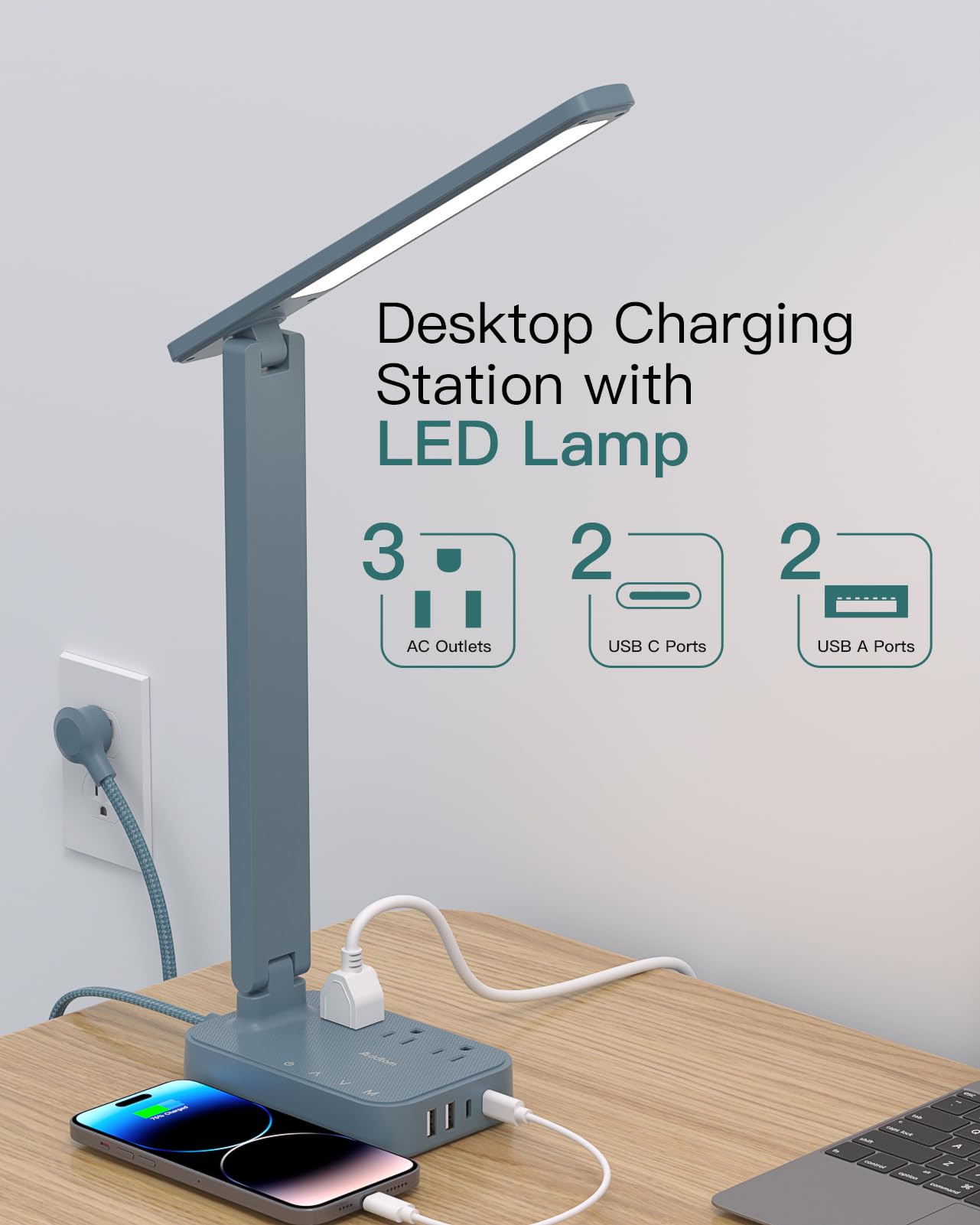 Addtam LED Desk Lamp, Power Strip with 3 Outlets 4 USB Charging Ports(2 USBC), 4 Modes 5 Level Brightness Touch Lamp, Small Desk Lamp for Home Office College Dorm Room Essentials