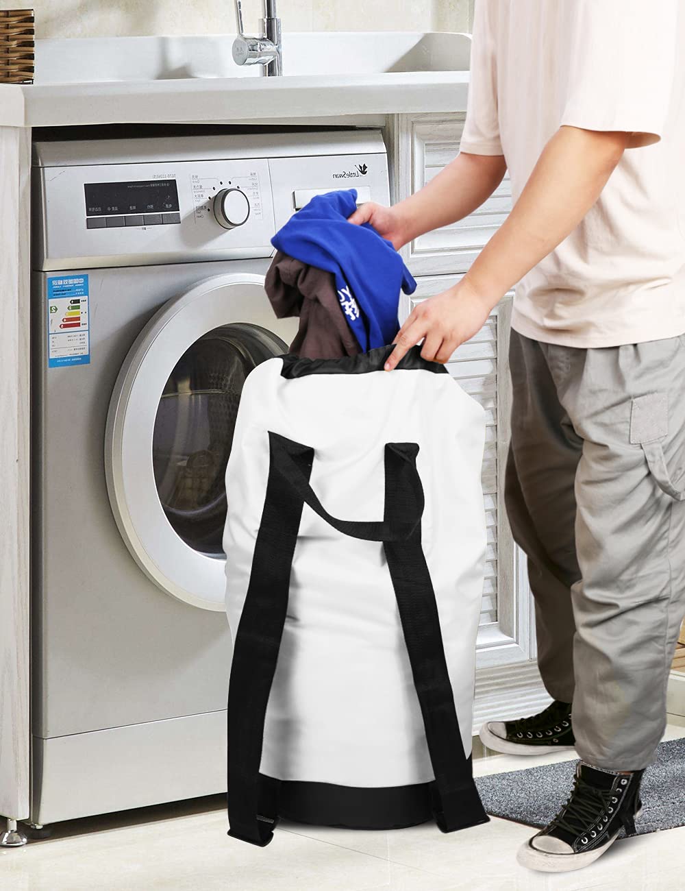 Backpack Laundry Bag, 115L Large Hamper with Shoulder Straps, Drawstring Closure, Mesh Pocket, Khaki