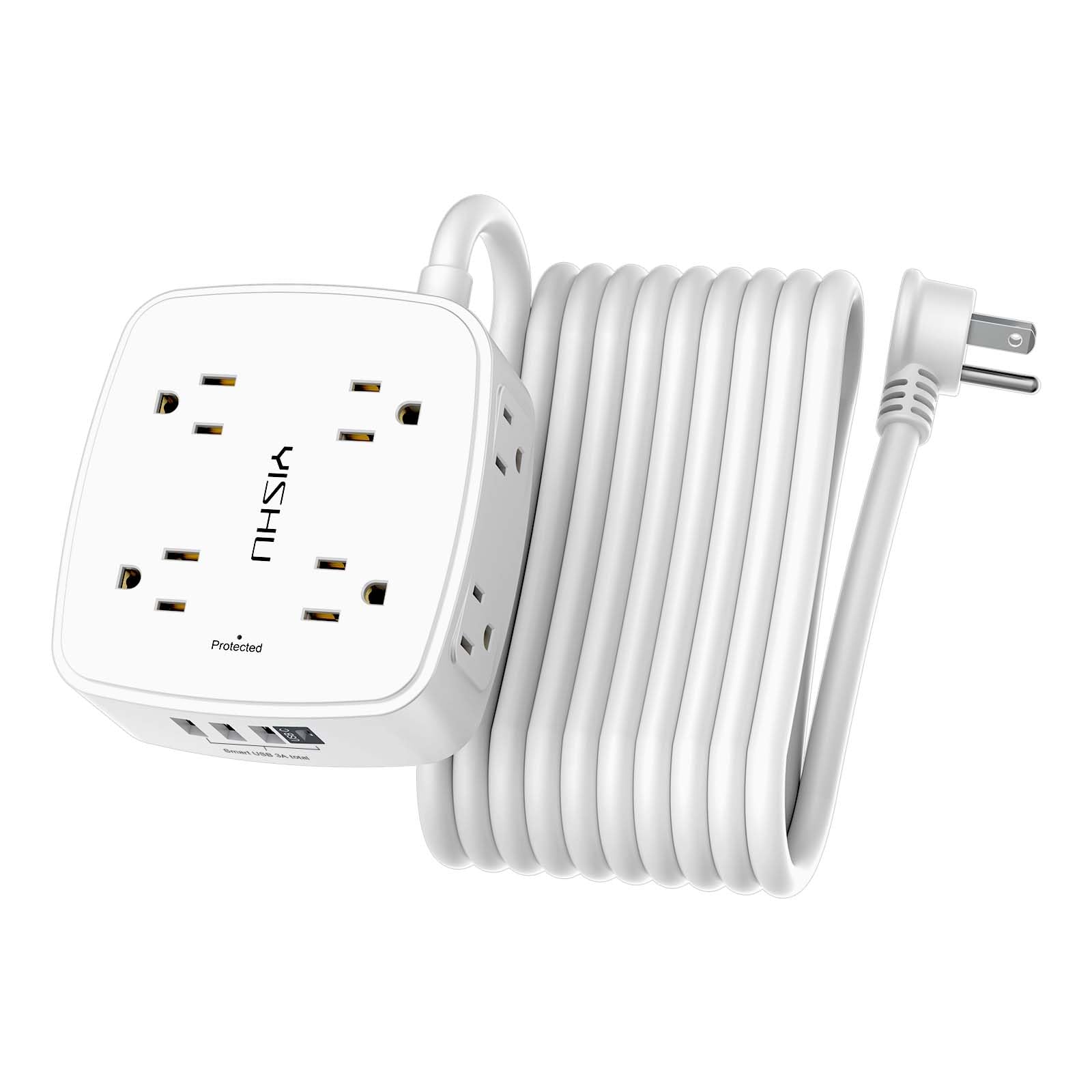 6Ft Surge Protector Power Strip with 8 Widely Outlets & 4 USB Ports | 3 Side Outlet Extender with 6 Feet Extension Cord, Flat Plug, for Home, Office, College Dorm Room Essentials, ETL, White