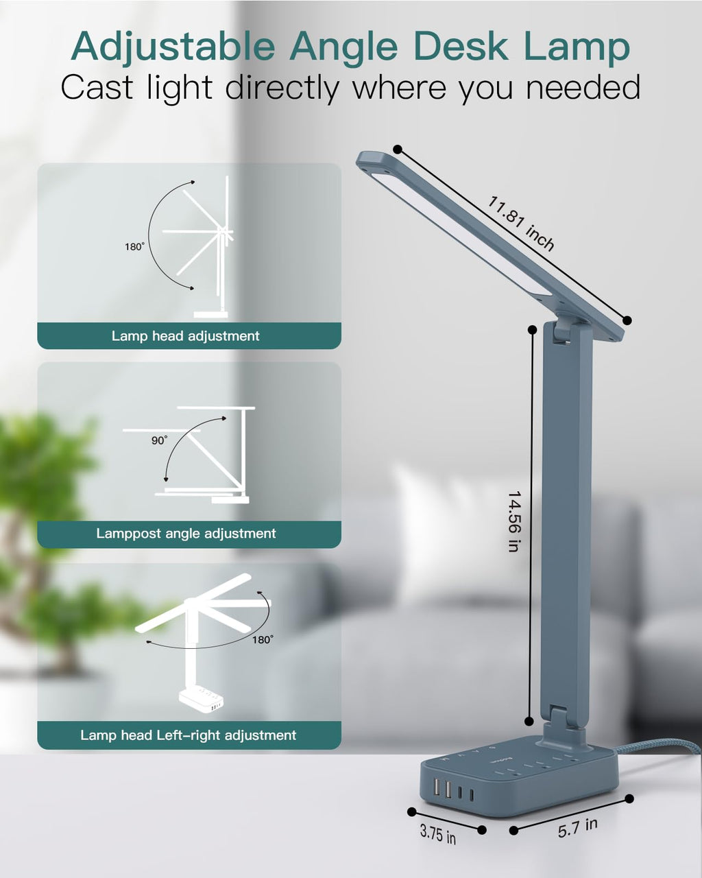 Addtam LED Desk Lamp, Power Strip with 3 Outlets 4 USB Charging Ports(2 USBC), 4 Modes 5 Level Brightness Touch Lamp, Small Desk Lamp for Home Office College Dorm Room Essentials