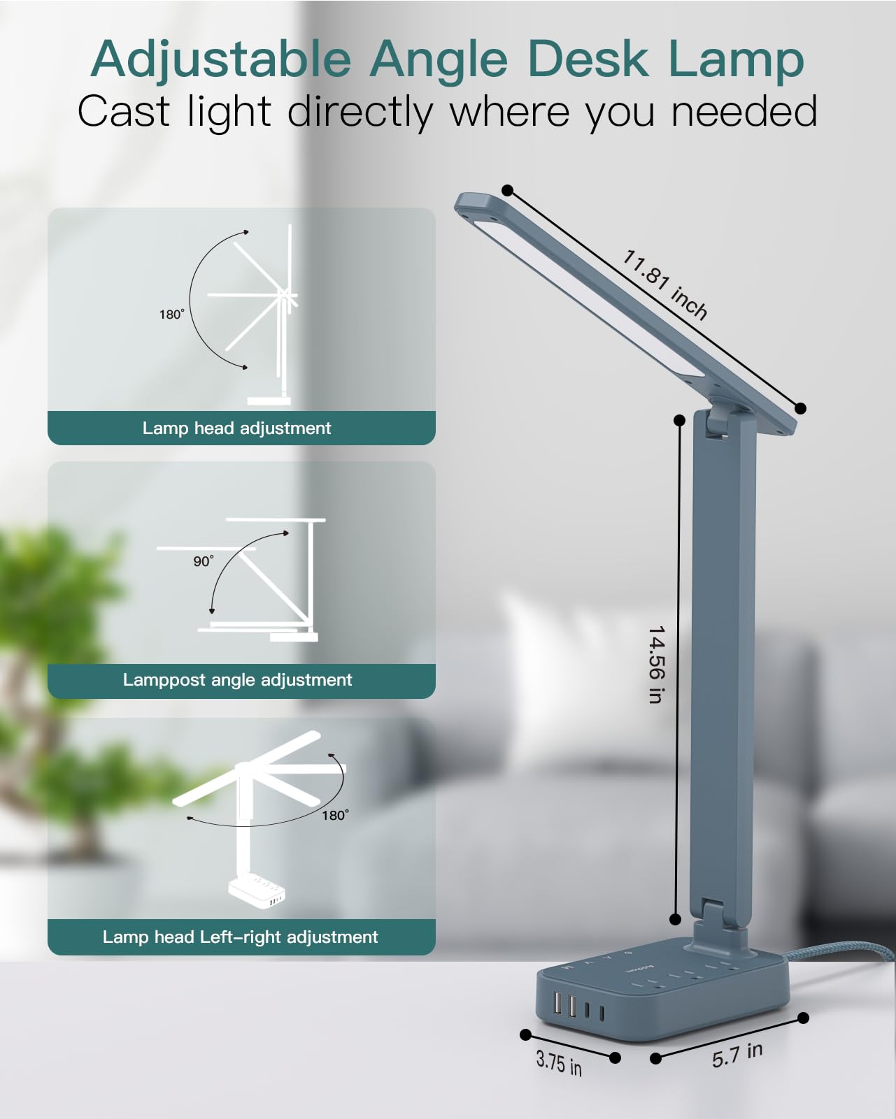 Addtam LED Desk Lamp, Power Strip with 3 Outlets 4 USB Charging Ports(2 USBC), 4 Modes 5 Level Brightness Touch Lamp, Small Desk Lamp for Home Office College Dorm Room Essentials