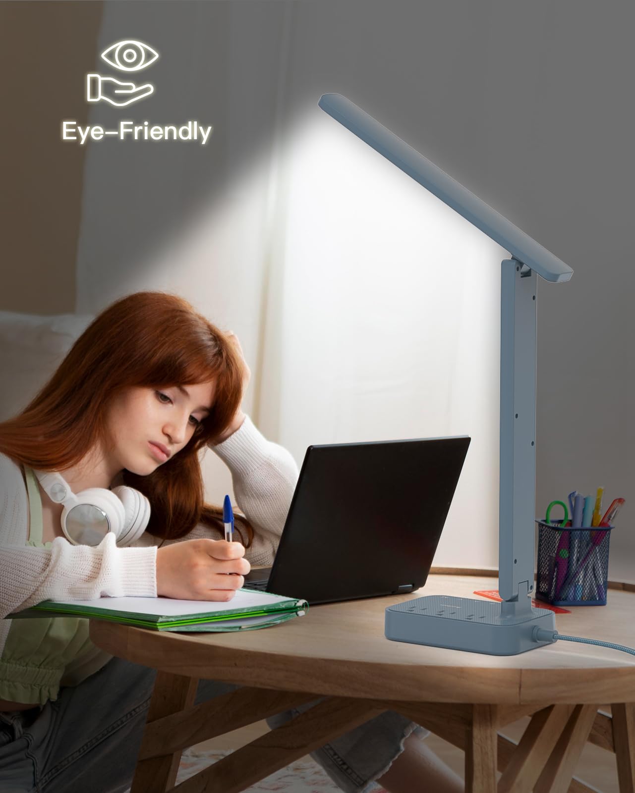 Addtam LED Desk Lamp, Power Strip with 3 Outlets 4 USB Charging Ports(2 USBC), 4 Modes 5 Level Brightness Touch Lamp, Small Desk Lamp for Home Office College Dorm Room Essentials