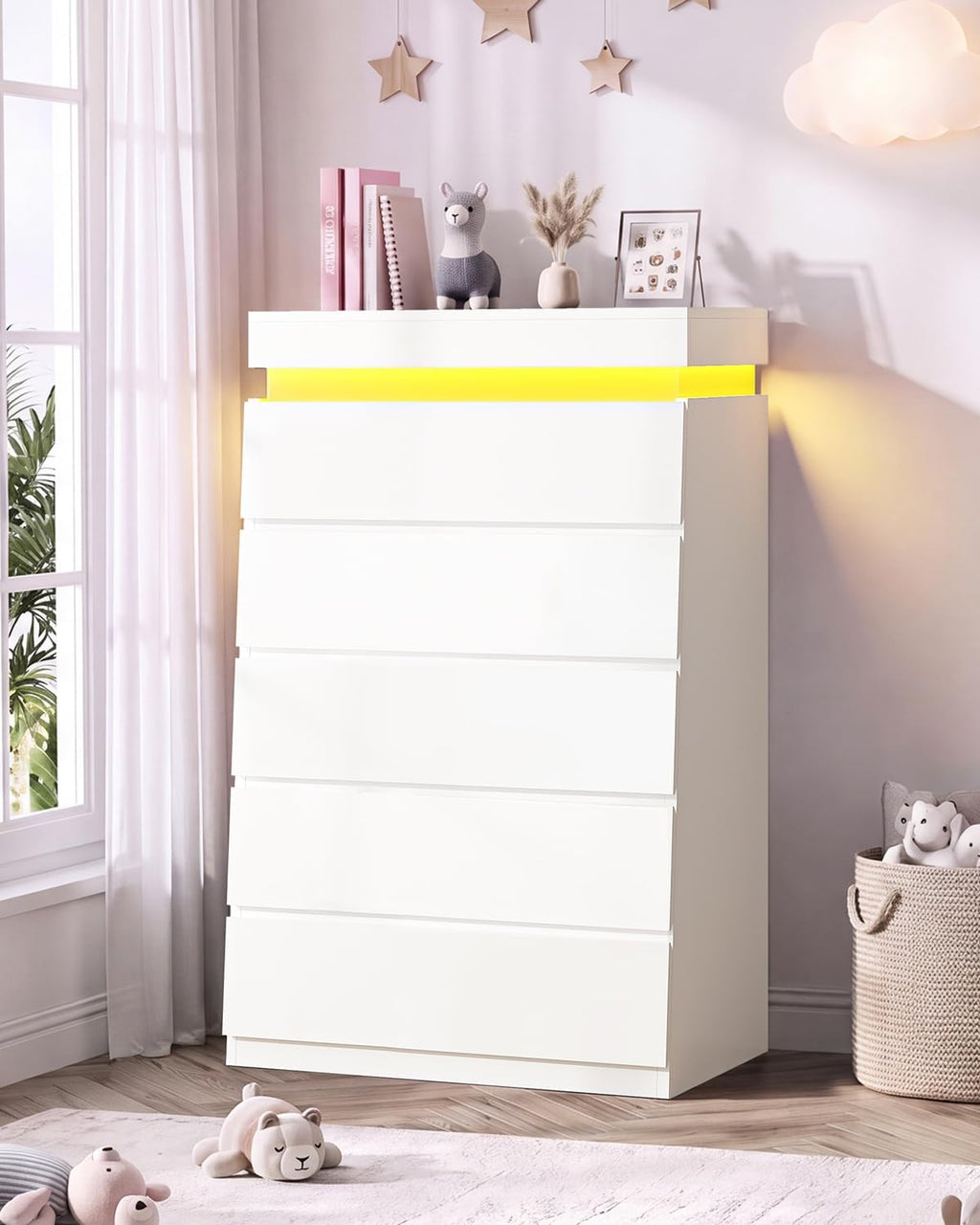HAUOMS Tall White 5 Drawer Dresser with LED Light | Modern Chest of Drawers for Bedroom,Closet Dressers with Drawers for Living Room, Entryway, Hallway