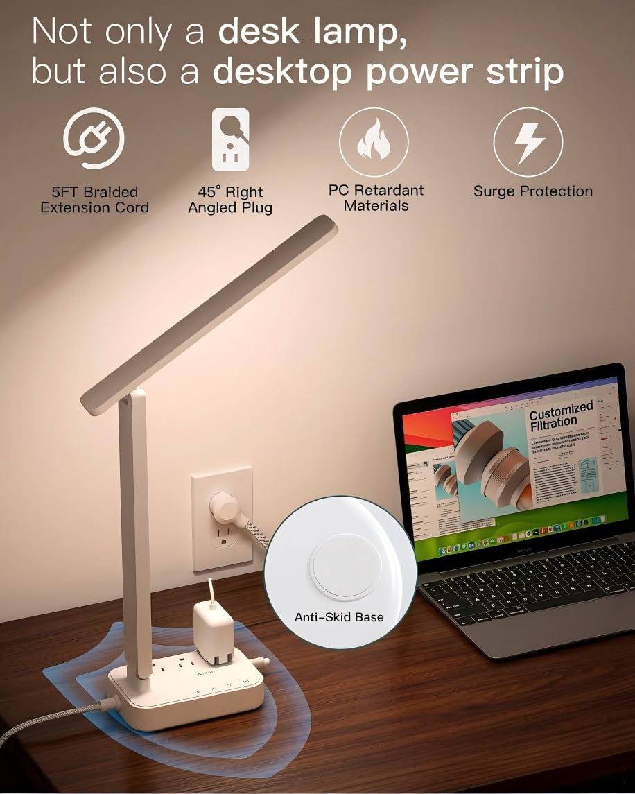 Addtam LED Desk Lamp, Power Strip with 3 Outlets 4 USB Charging Ports(2 USBC), 4 Modes 5 Level Brightness Touch Lamp, Small Desk Lamp for Home Office College Dorm Room Essentials