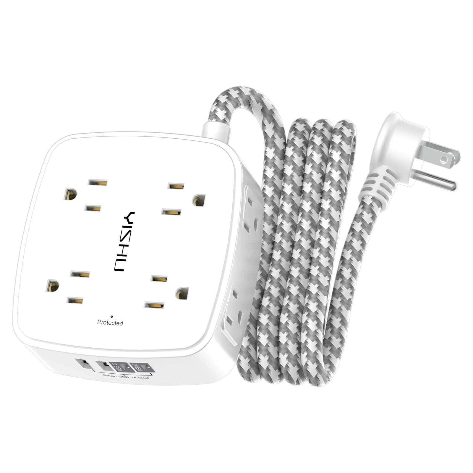 6Ft Surge Protector Power Strip with 8 Widely Outlets & 4 USB Ports | 3 Side Outlet Extender with 6 Feet Extension Cord, Flat Plug, for Home, Office, College Dorm Room Essentials, ETL, White