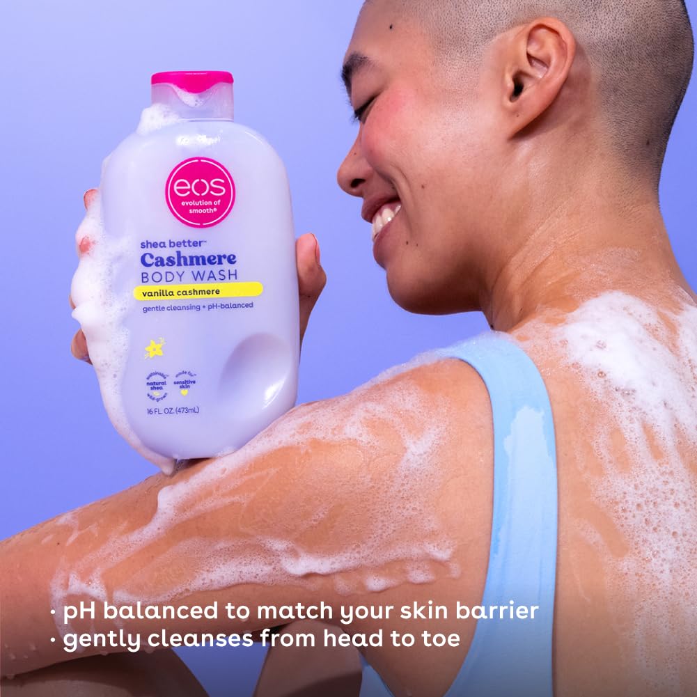 eos Body Wash, Vanilla Cashmere, Moisturizing Creamy Gel Formula with Shea Butter, Glycerin, Vitamin E, pH Balanced, Sensitive Skin, Vegan, 16 fl oz