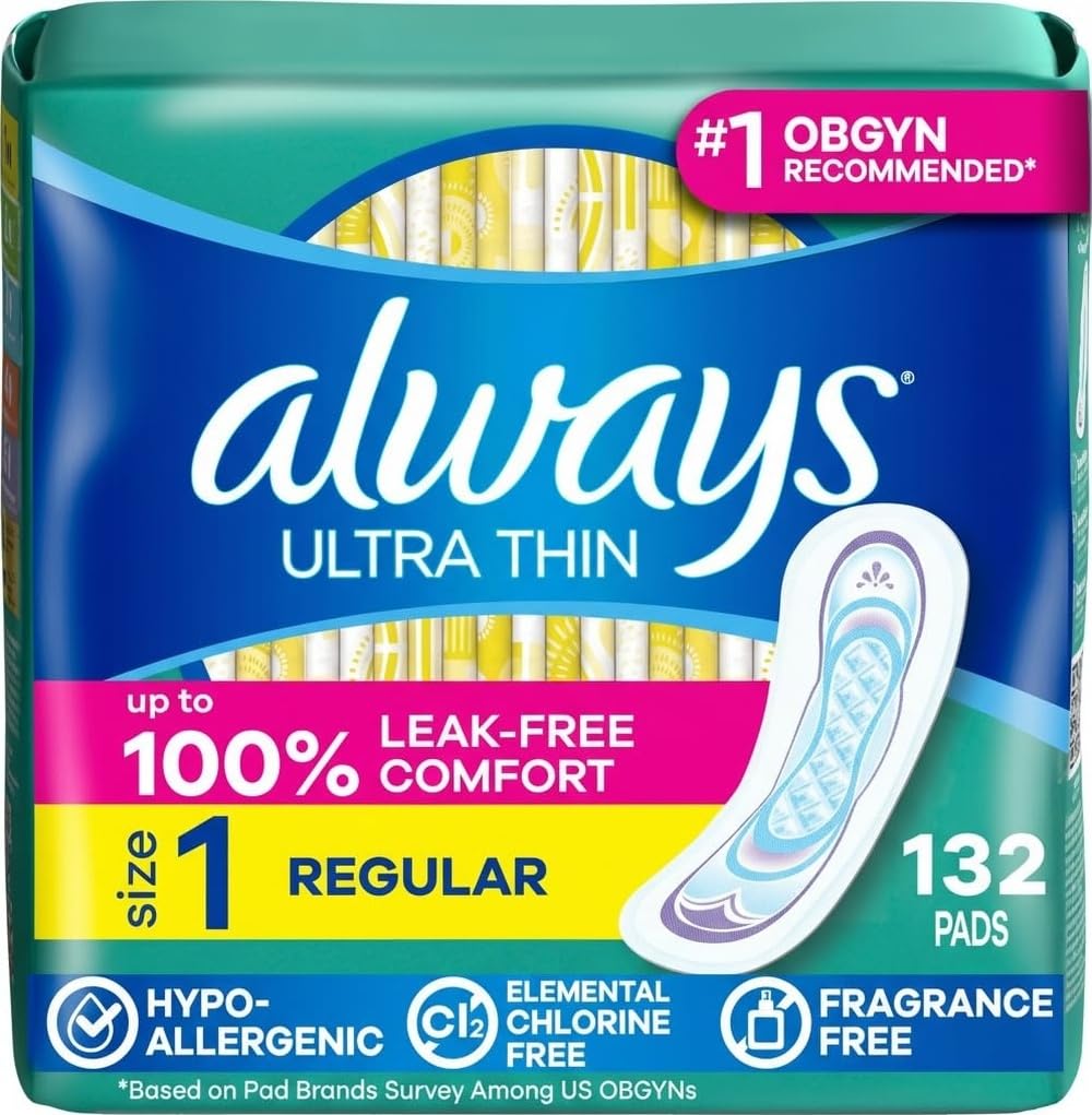 Always Ultra Thin Feminine Pads with Wings for Women, Size 1, Regular Absorbency, Unscented, Up to 100% Leak-Free Protection, 46 Count