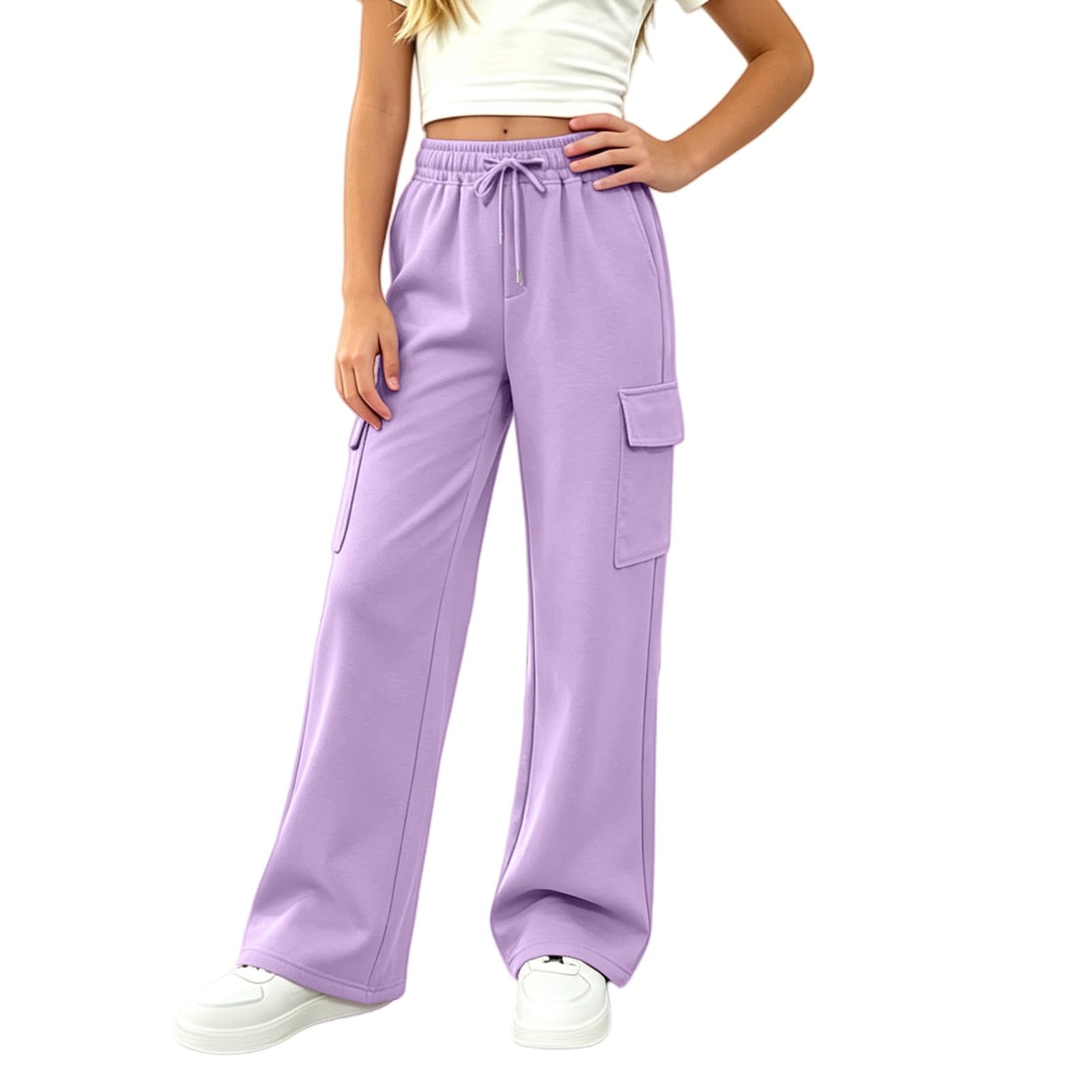 Girls Sweatpants Preppy Kids Cargo Pants Wide Leg Baggy Sweat Pants Teen Joggers Casual Trousers with Pockets
