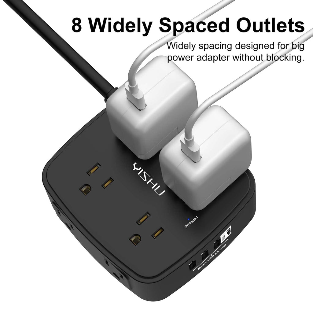 6Ft Surge Protector Power Strip with 8 Widely Outlets & 4 USB Ports | 3 Side Outlet Extender with 6 Feet Extension Cord, Flat Plug, for Home, Office, College Dorm Room Essentials, ETL, White