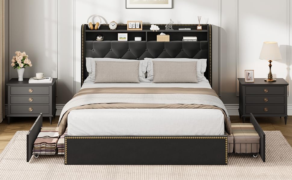 Full Size Black Velvet Storage Bed with Shelved Headboard and 4 Drawers, Tufted Upholstered Platform Bed Frame with Nailhead Trim, Metal Support Slats, No Box Spring Required, Easy to Assemble