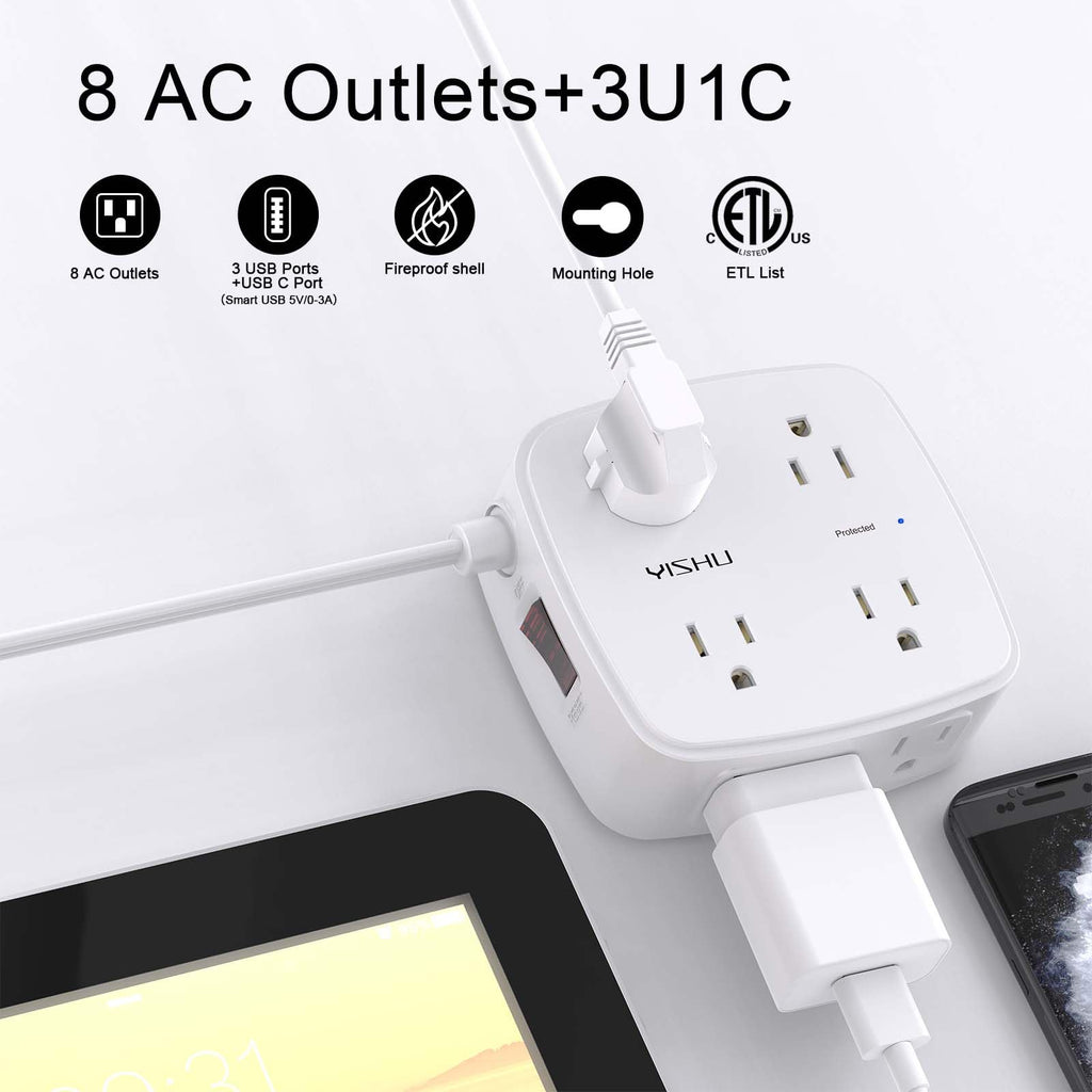 6Ft Surge Protector Power Strip with 8 Widely Outlets & 4 USB Ports | 3 Side Outlet Extender with 6 Feet Extension Cord, Flat Plug, for Home, Office, College Dorm Room Essentials, ETL, White